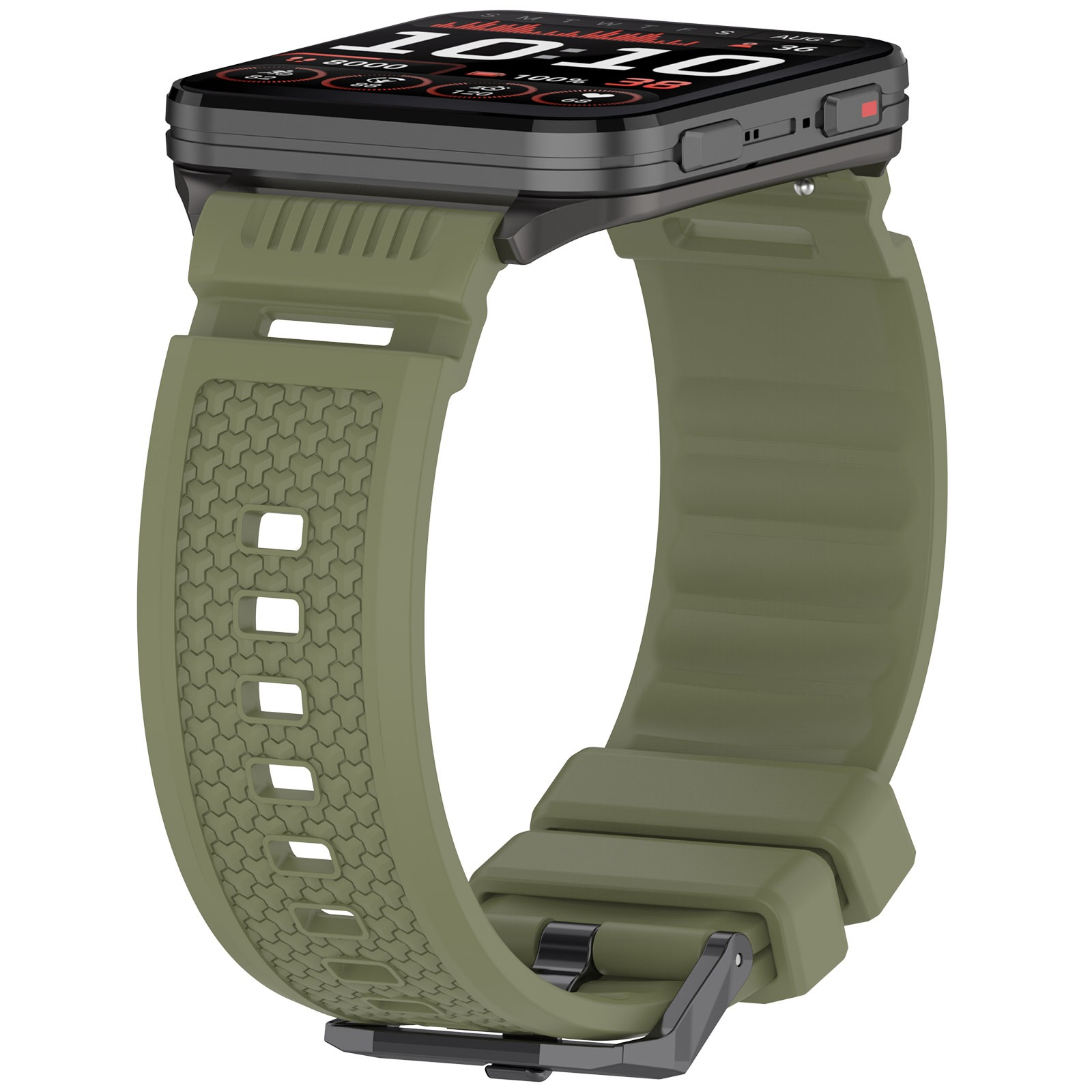Olivgrüne Smartwatch mit schwarzem Bildschirm. Das Armband ist olivgrün und hat ein strukturiertes Muster. Die Uhr zeigt Zeit und Gesundheitsdaten an.