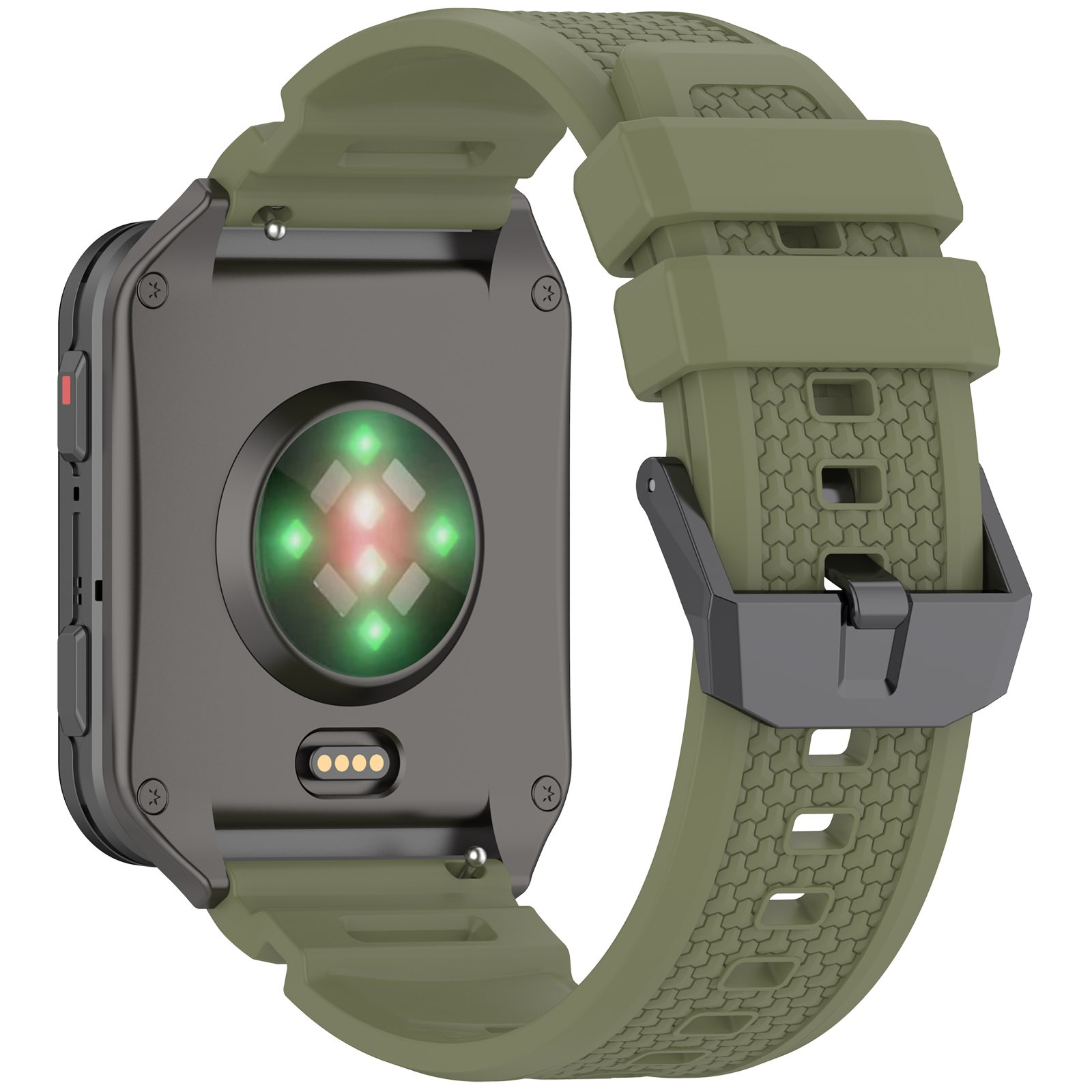 Eine grüne Smartwatch mit schwarzem Gehäuse und Armband. Die Rückseite zeigt Sensoren mit grünen und roten Lichtern. Die Schnalle ist schwarz.