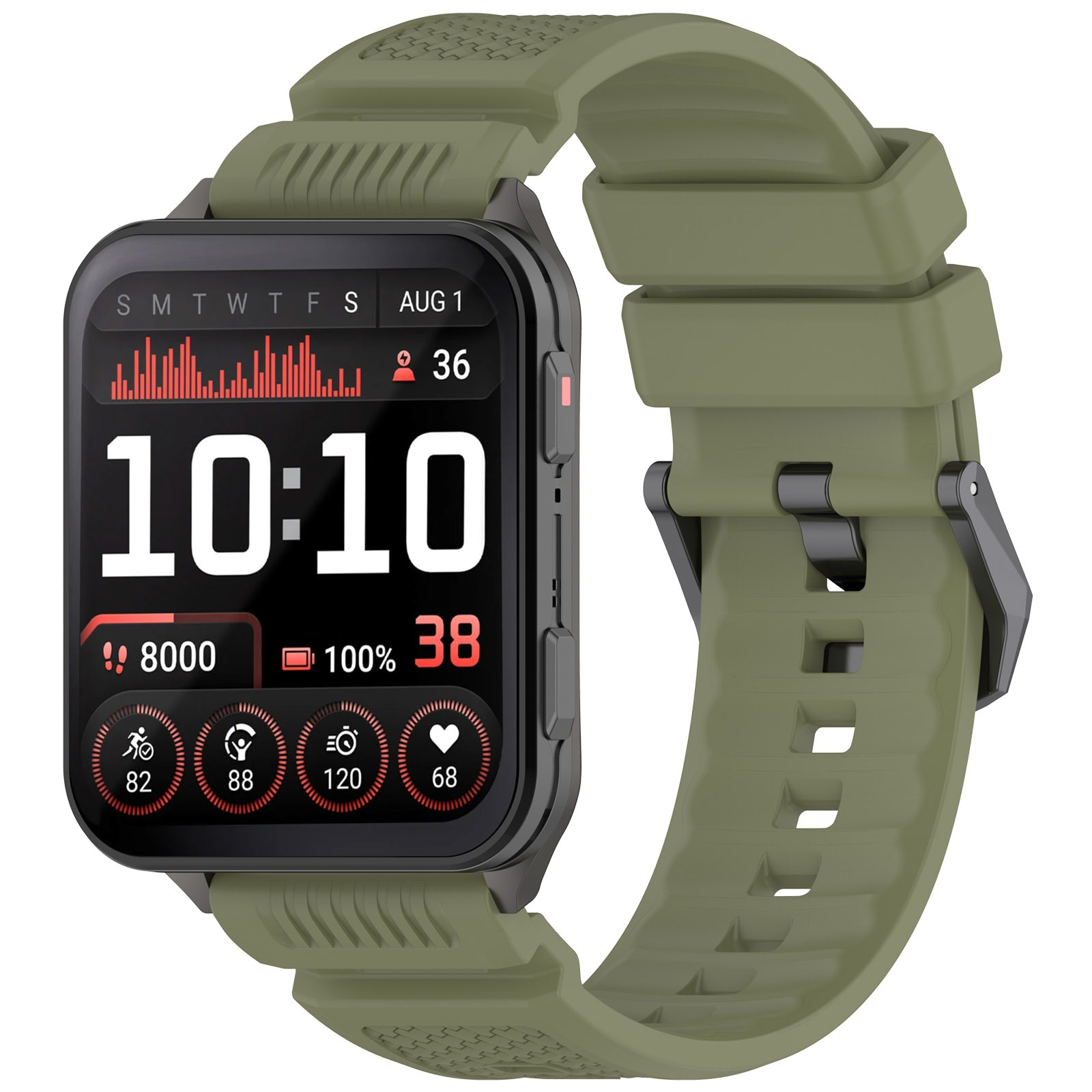 Eine Smartwatch mit grünem Armband zeigt Zeit, Gesundheitsdaten und Datum an. Der Bildschirm zeigt 10:10 und verschiedene Fitnessdaten.