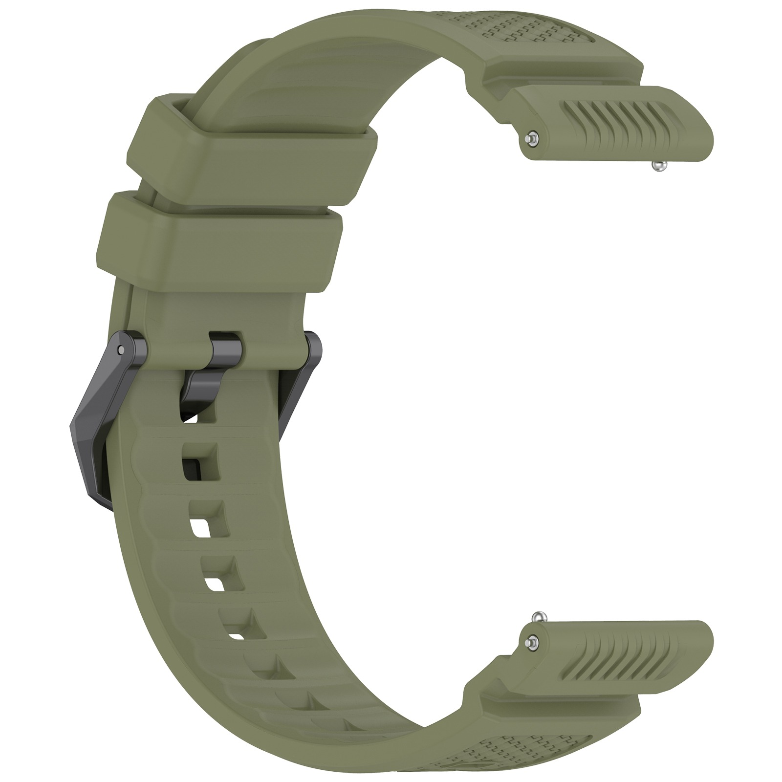 Ein grünes Uhrenarmband vor weißem Hintergrund. Das Armband ist gebogen und hat eine Schnalle und Stiftdetails.