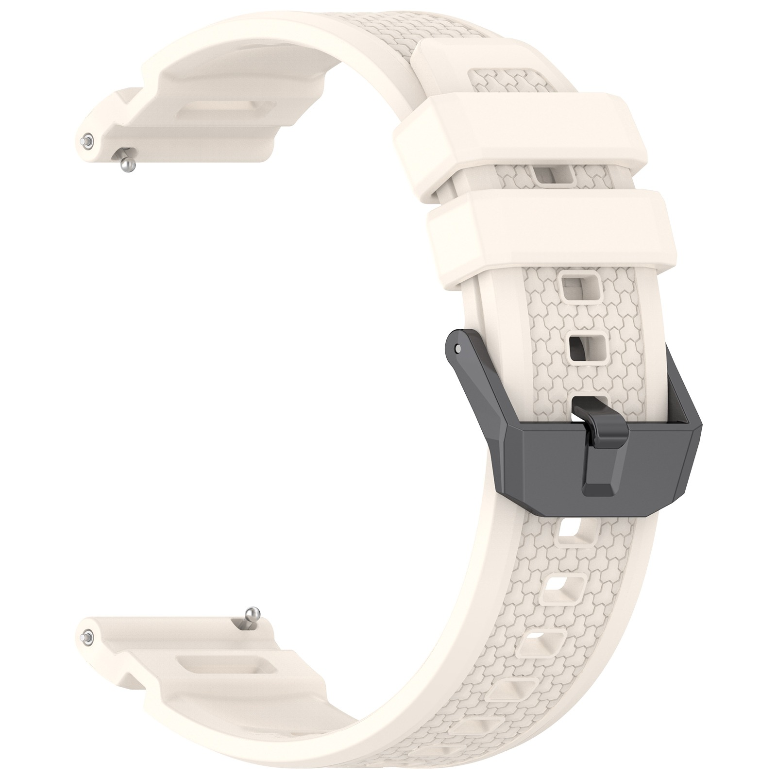Cremefarbenes Uhrenarmband mit schwarzer Schnalle. Das Armband hat ein strukturiertes Muster. Metallstifte sichern das Armband.