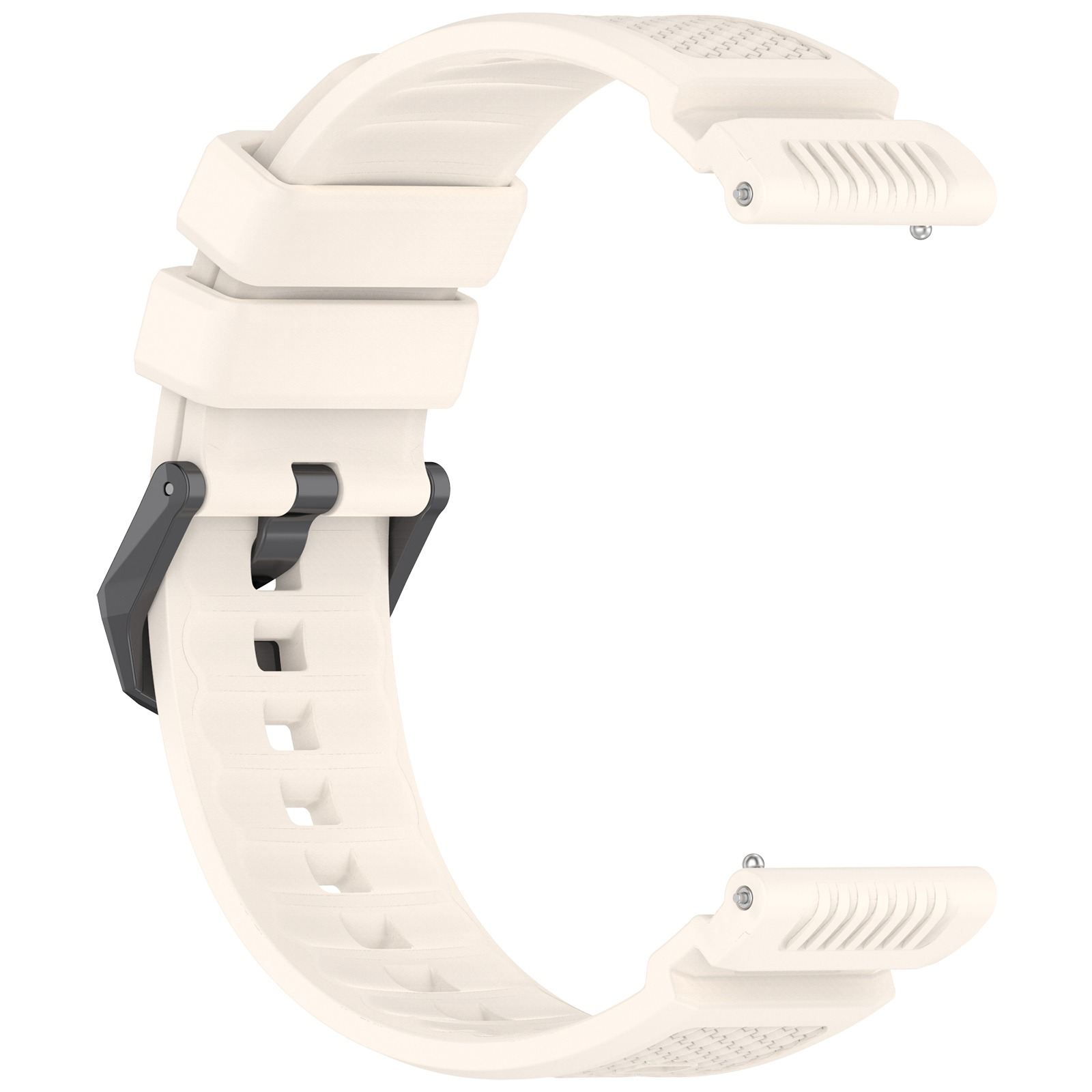 Ein weißes Uhrenarmband mit schwarzem Verschluss. Es ist C-förmig gebogen. Das Armband hat eine strukturierte Oberfläche und vor weißem Hintergrund.