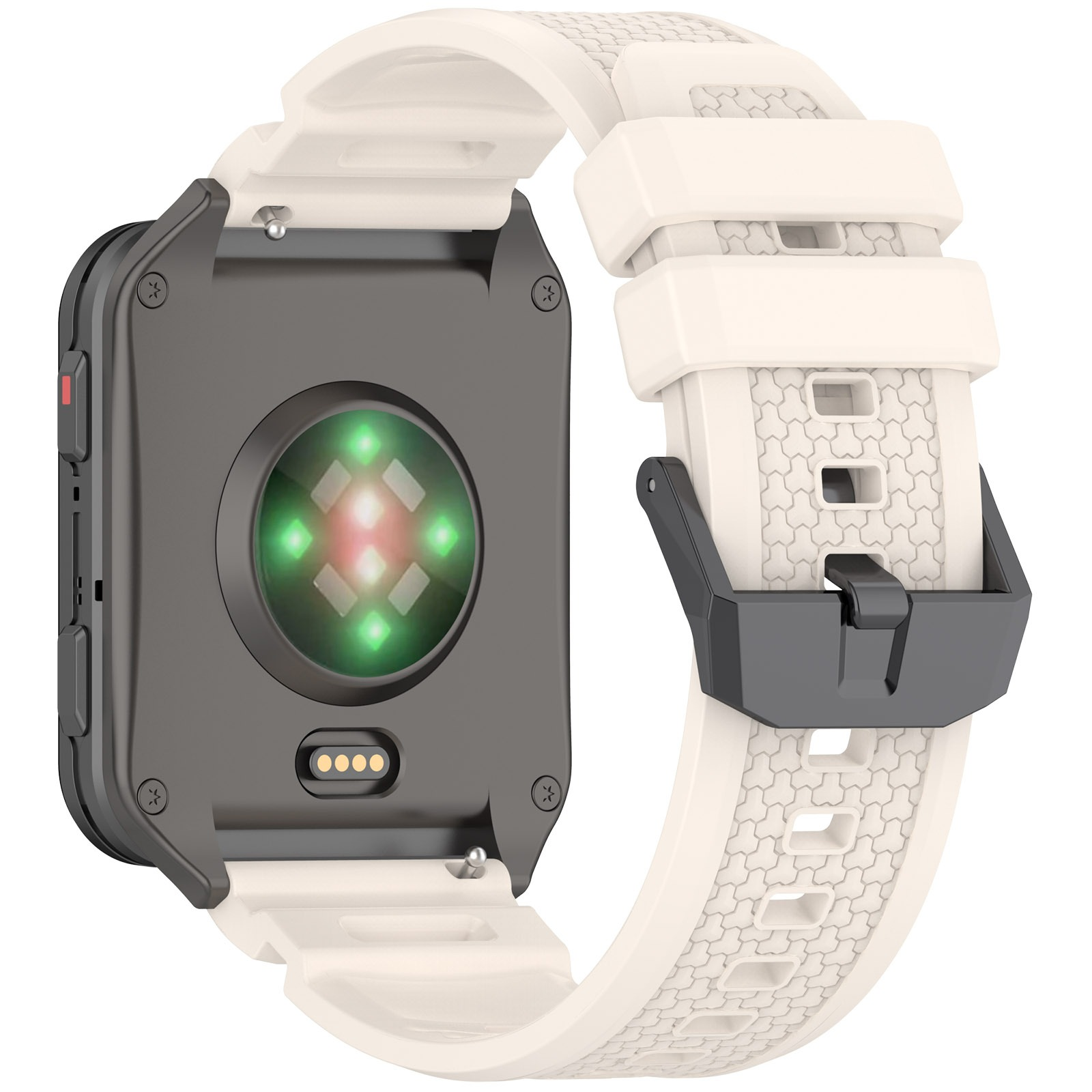 Rückseite einer Smartwatch mit schwarzem Gehäuse und weißem Armband. Grüne Lichter sind auf dem Herzfrequenzsensor sichtbar.