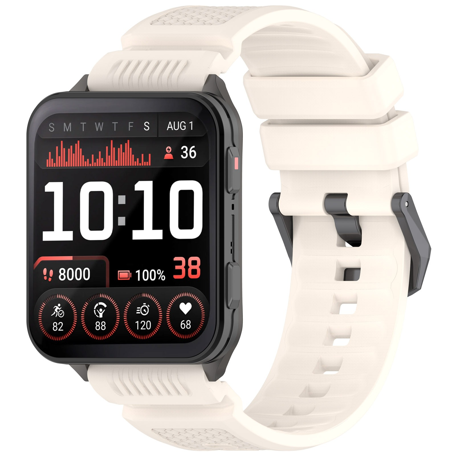 Smartwatch mit schwarzem Bildschirm, der Zeit, Statistiken und ein weißes Armband anzeigt. Zeigt 10:10 Uhr, Schritte, Akku und Herzfrequenz an.