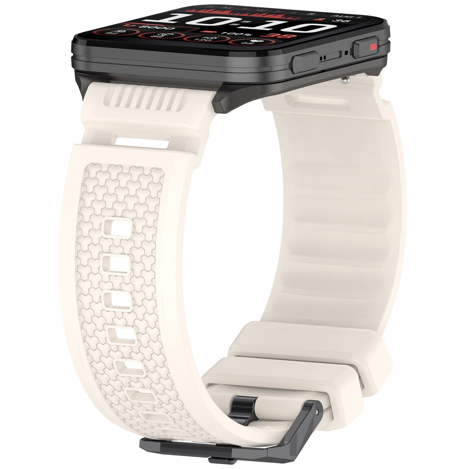 Eine Smartwatch mit schwarzem Bildschirm, der Daten anzeigt, weißem Armband mit geometrischem Design und schwarzer Schnalle. Die Uhr ist angewinkelt.