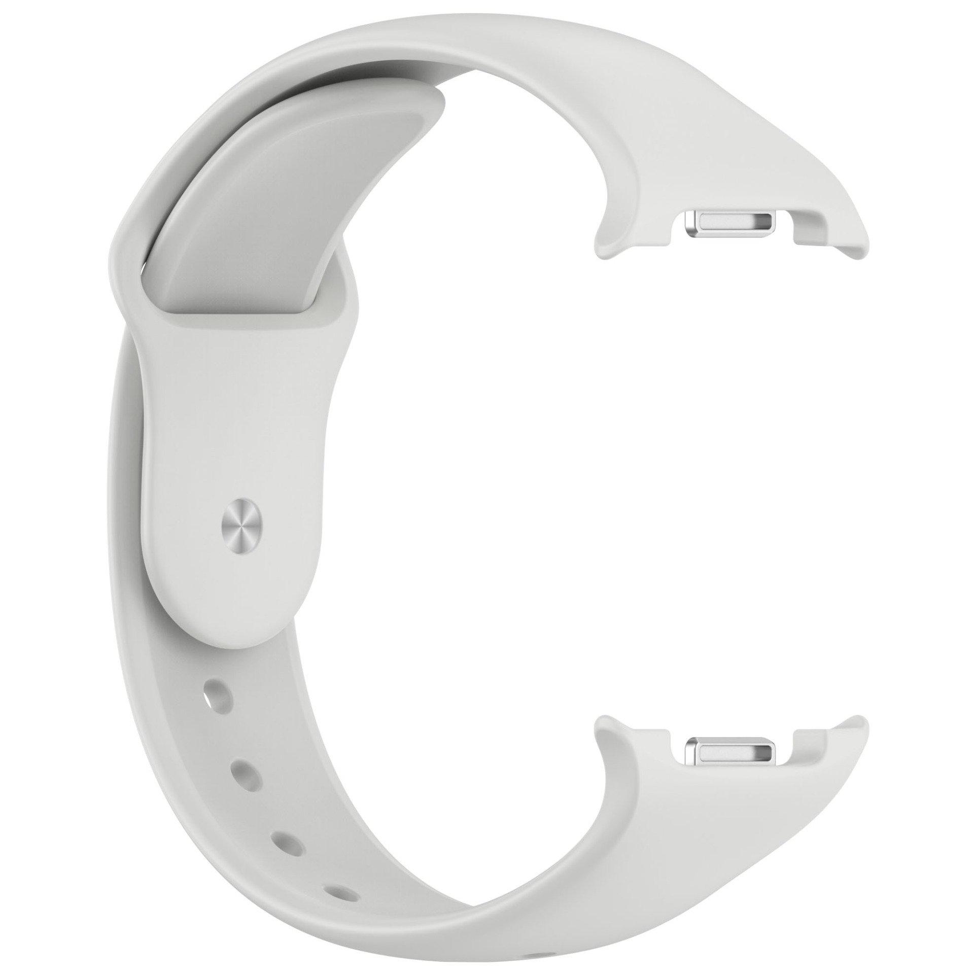 Ein weißes Uhrenarmband wird vor weißem Hintergrund angezeigt. Das Band hat C-Form mit silberner Metallschnalle.