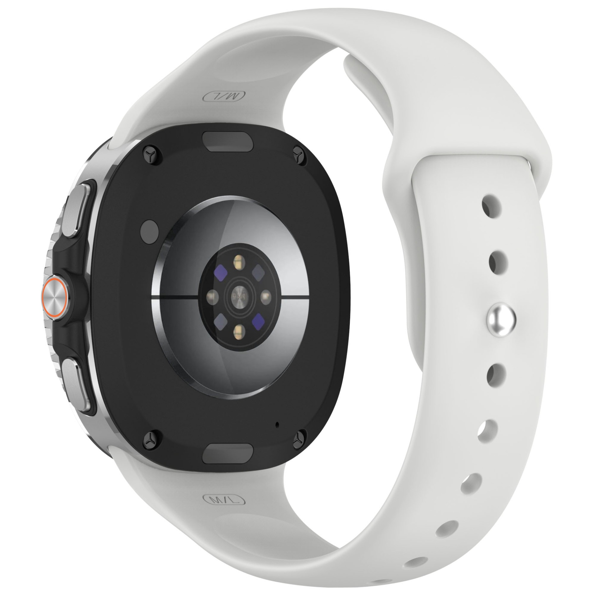 Eine weiße Smartwatch mit weißem Armband wird gezeigt. Die Uhr hat einen schwarzen Bildschirm und silberne Details.