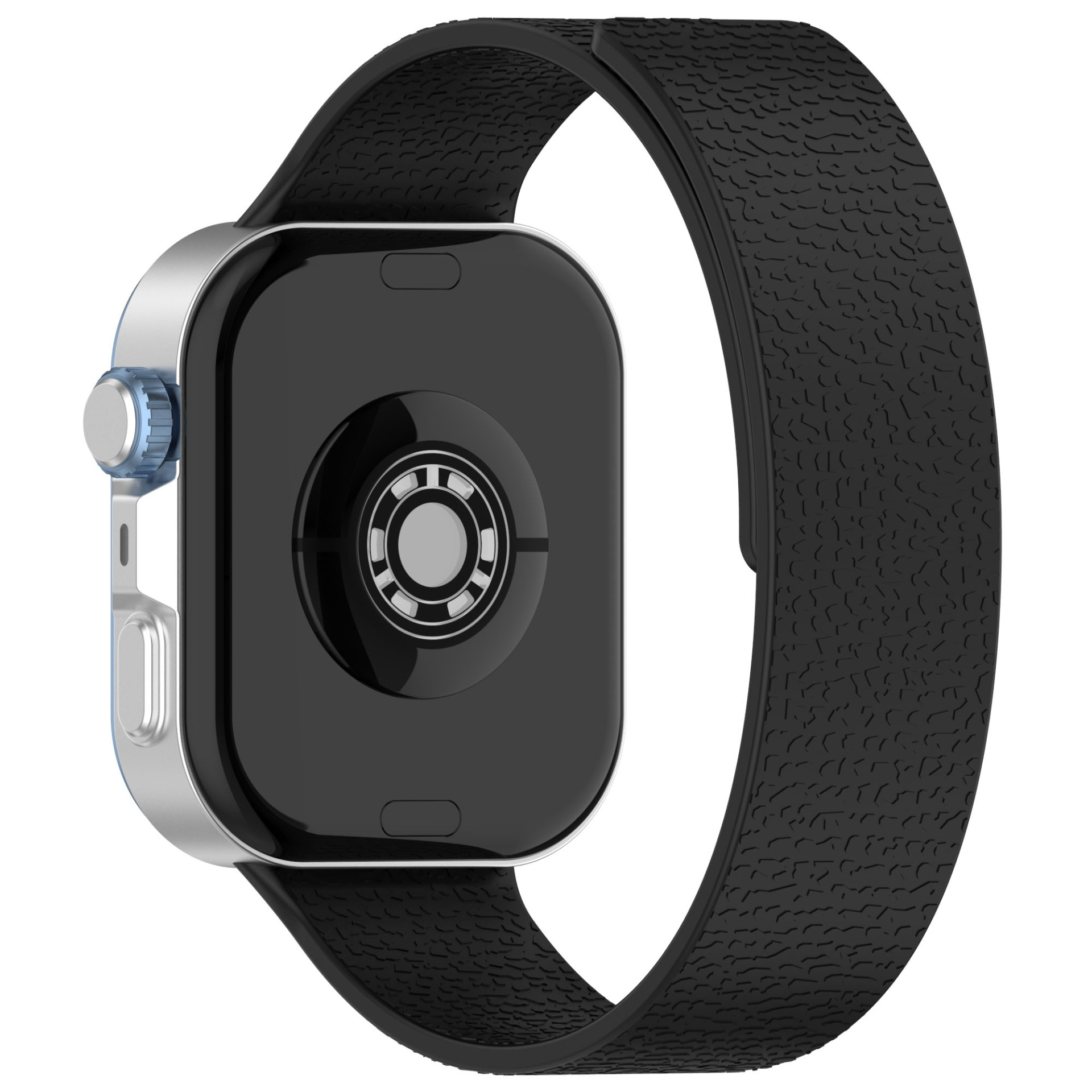 Uno smartwatch nero con cinturino strutturato. L'orologio ha una cassa argentata e uno schermo nero. Il cinturino è ad anello.