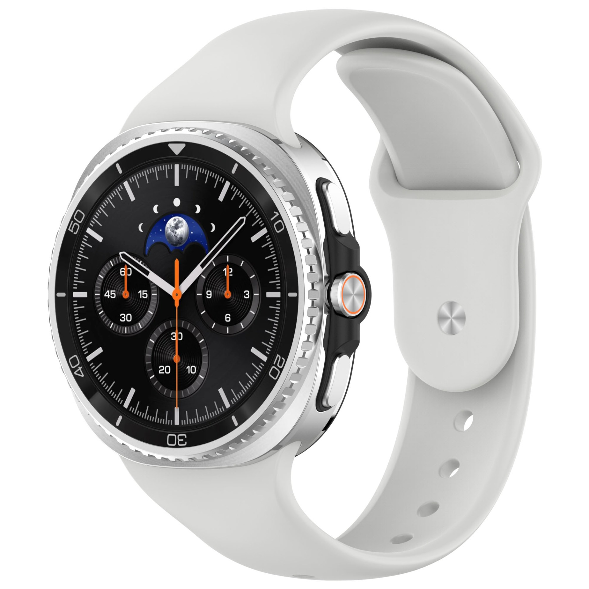 Eine weiße Smartwatch mit schwarzem Zifferblatt. Sie verfügt über eine Mondphasenanzeige, orangefarbene Zeiger und ein weißes Armband.