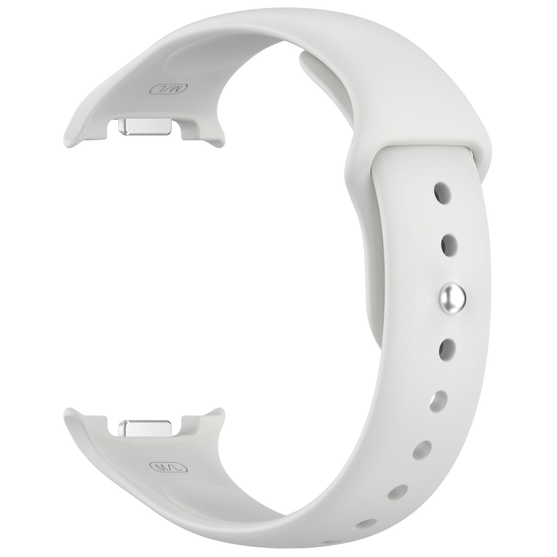 Ein weißes Uhrenarmband vor weißem Hintergrund. Das Band hat Löcher und einen Metallverschluss.