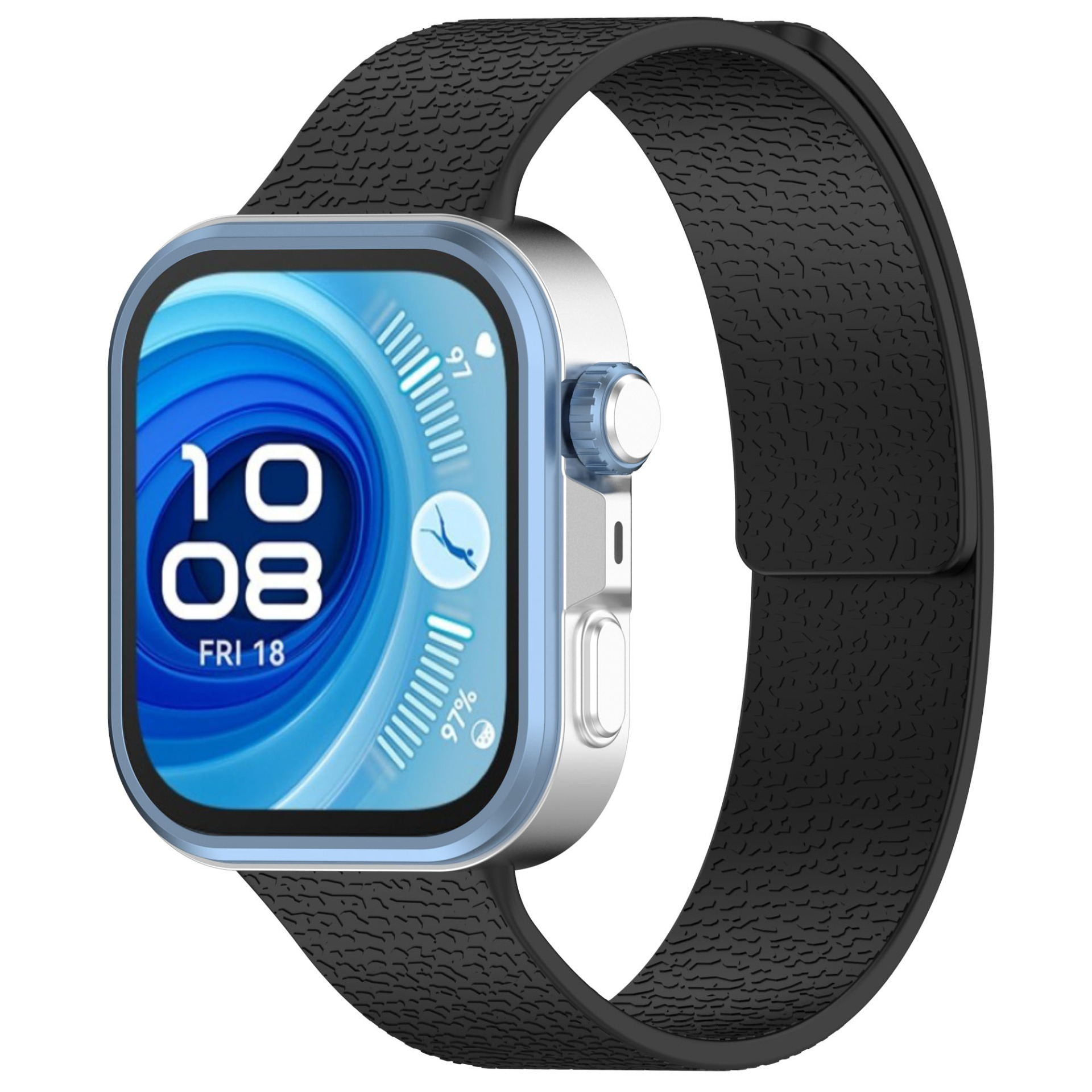 Uno smartwatch con cinturino nero strutturato. Lo schermo mostra ora, data e sfondo blu con linee bianche.