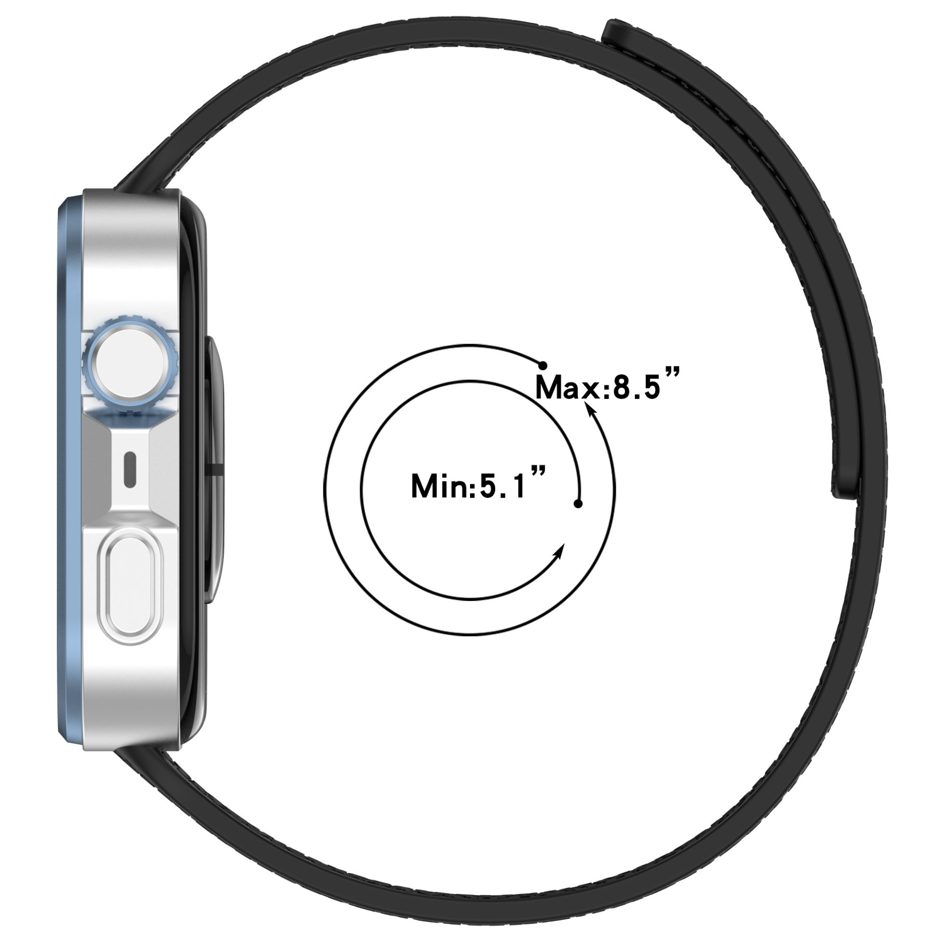 Uno smartwatch nero con cornice blu, cinturino nero e guida alle taglie circolare da 5,1 a 8,5 pollici.