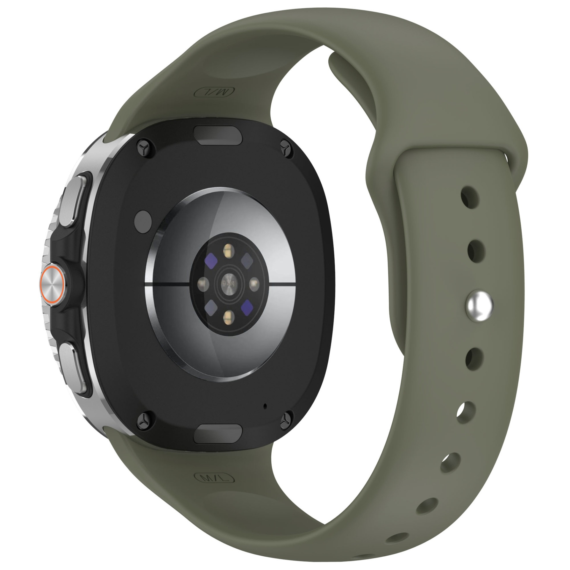 Rückansicht einer Smartwatch mit grünem Armband. Die Uhr hat ein schwarzes Zifferblatt mit Sensoren und eine silberne Lünette.