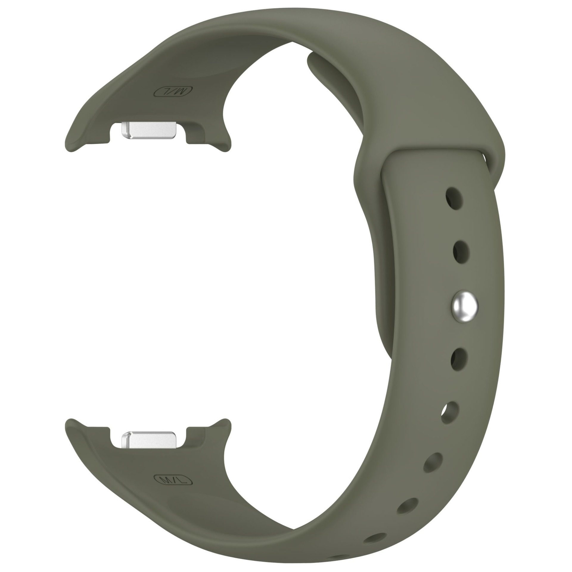 Ein olivgrünes Uhrenarmband. Es hat ein gebogenes Design mit Befestigungspunkten und einer Reihe von Löchern zur Anpassung. Ein Metallstift ist sichtbar.