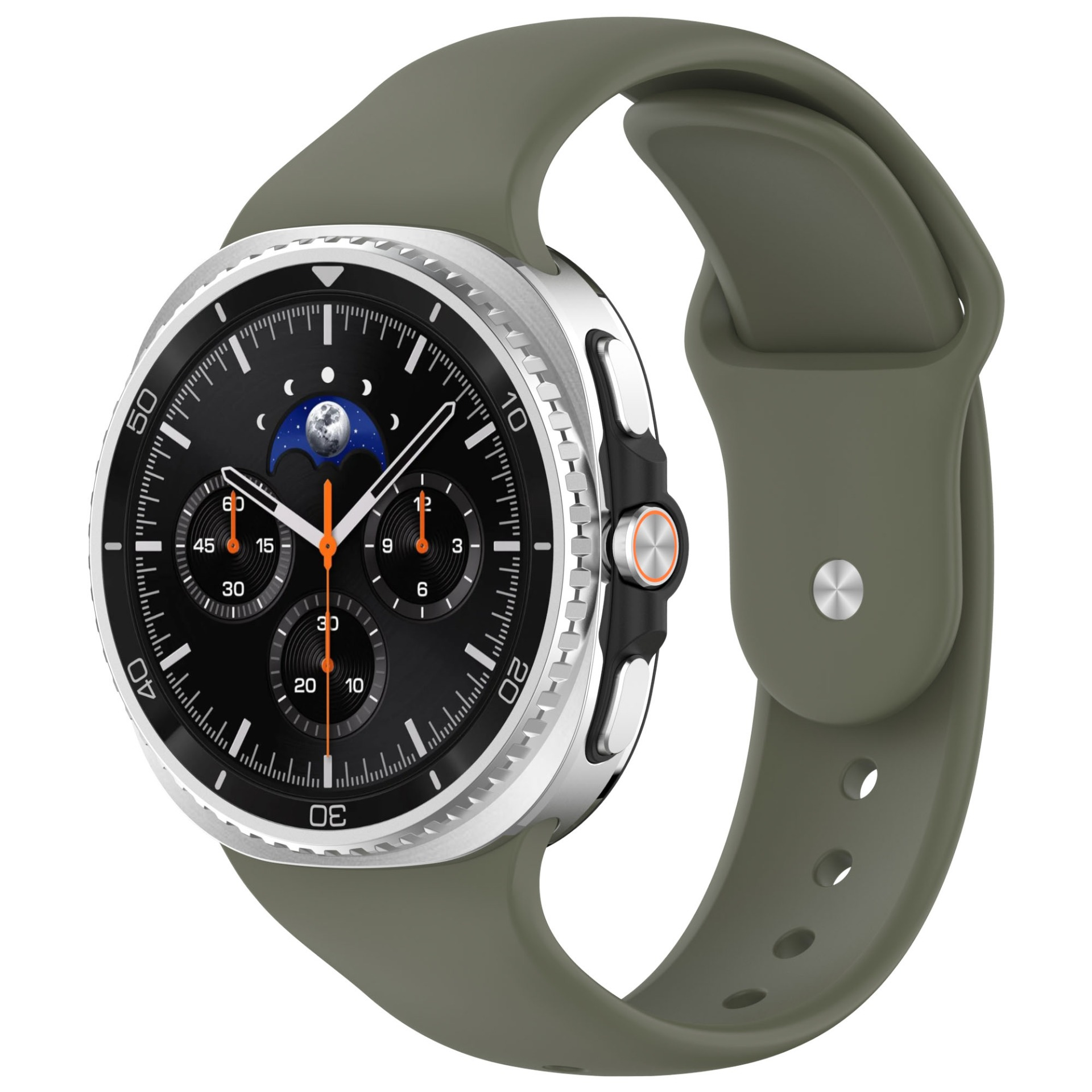 Eine runde Smartwatch mit schwarzem Zifferblatt, silberner Lünette und olivgrünem Armband. Die Uhr zeigt die Mondphase und die Uhrzeit an.