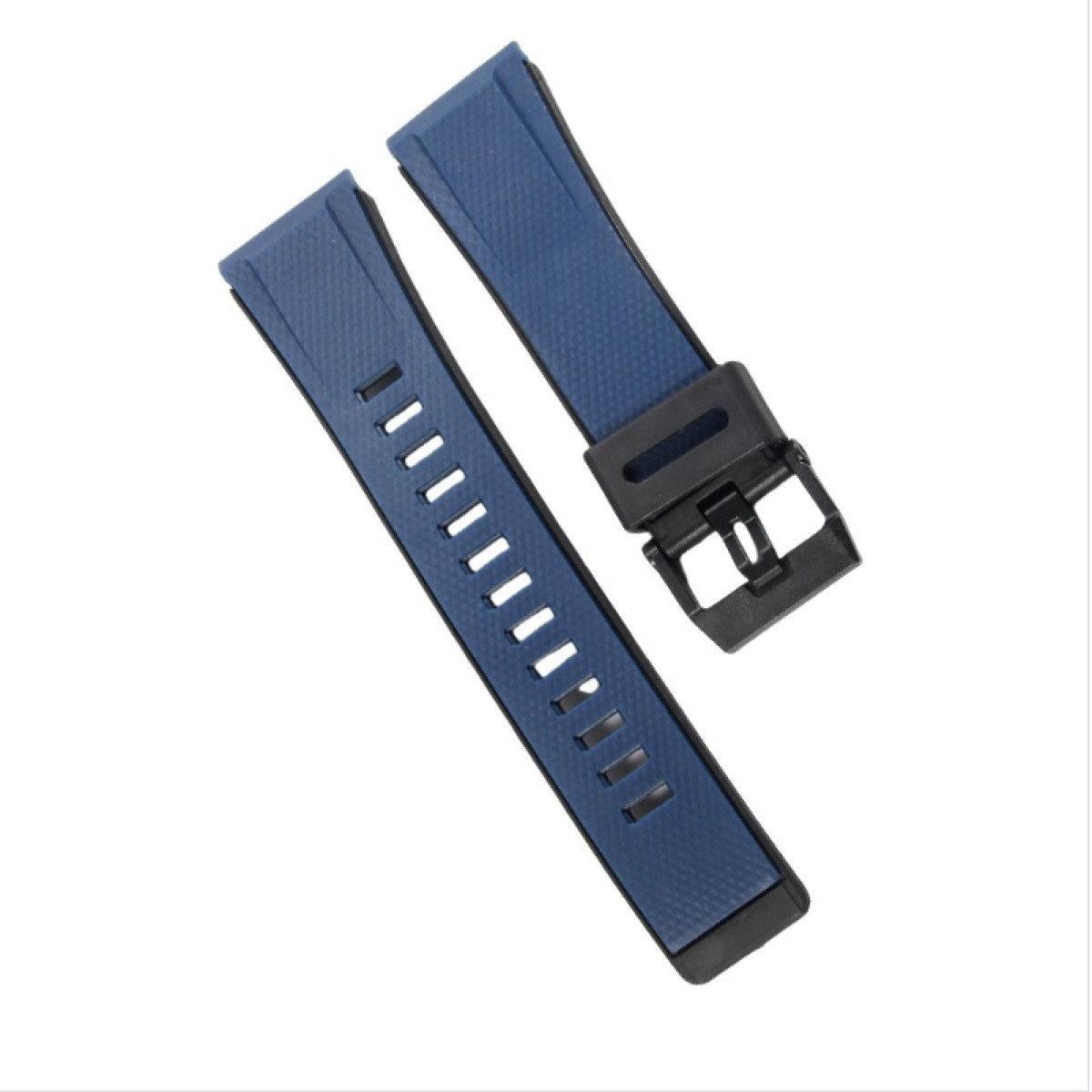 Zwei blaue Uhrenarmbänder mit schwarzer Schnalle, isoliert auf Weiß. Ein Band hat Löcher zur Anpassung.