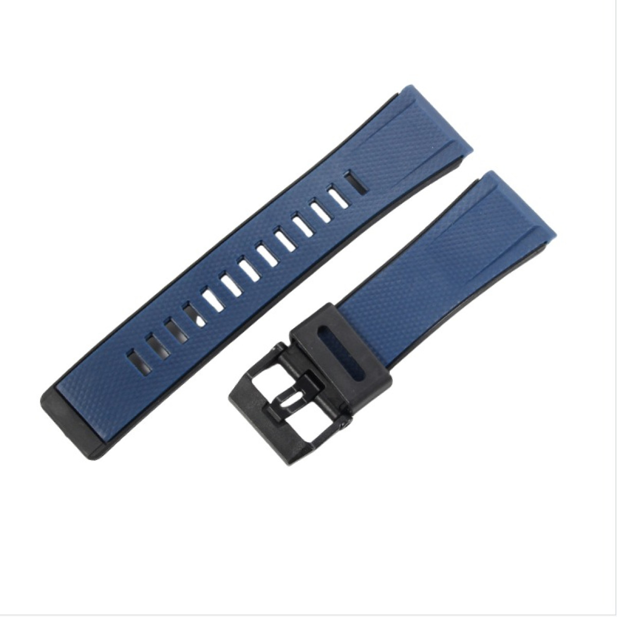 Zwei abgetrennte dunkelblaue Uhrenarmbänder mit schwarzer Schnalle auf weißem Hintergrund. Die Armbänder sind strukturiert und haben Löcher.