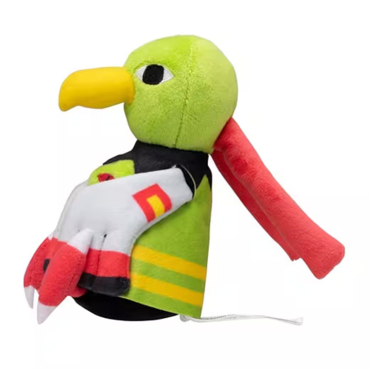 Ein grünes Vogelplüschtier mit gelbem Schnabel und rotem Flügel und Schwanz. Es hat einen schwarzen Kragen und eine weiße Hand.