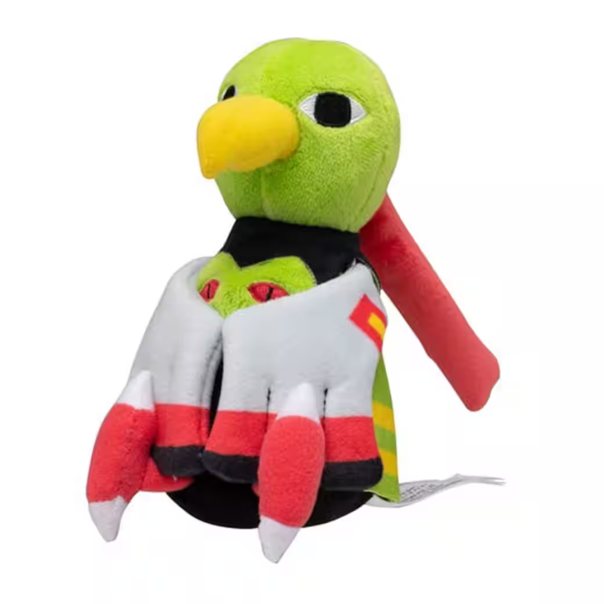 Ein Stoffvogel mit grünem Kopf, gelbem Schnabel, schwarzen Augen, weißen Handschuhen mit roten und schwarzen Krallen und einem roten Schwanz.