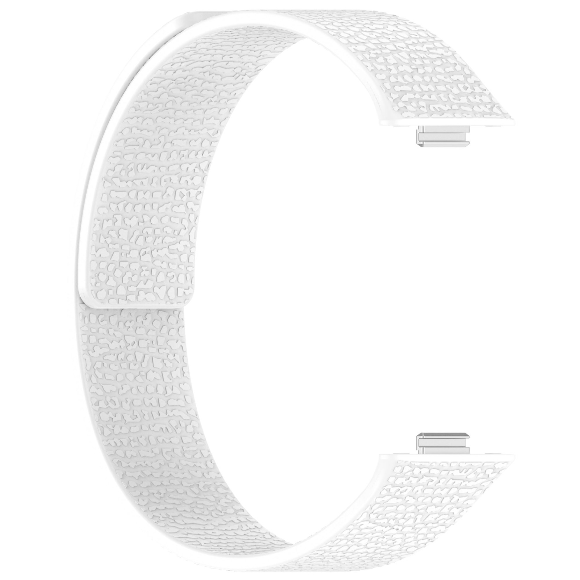 Weißes Armband in C-Form, strukturierte Oberfläche. Metallverschlüsse an beiden Enden.