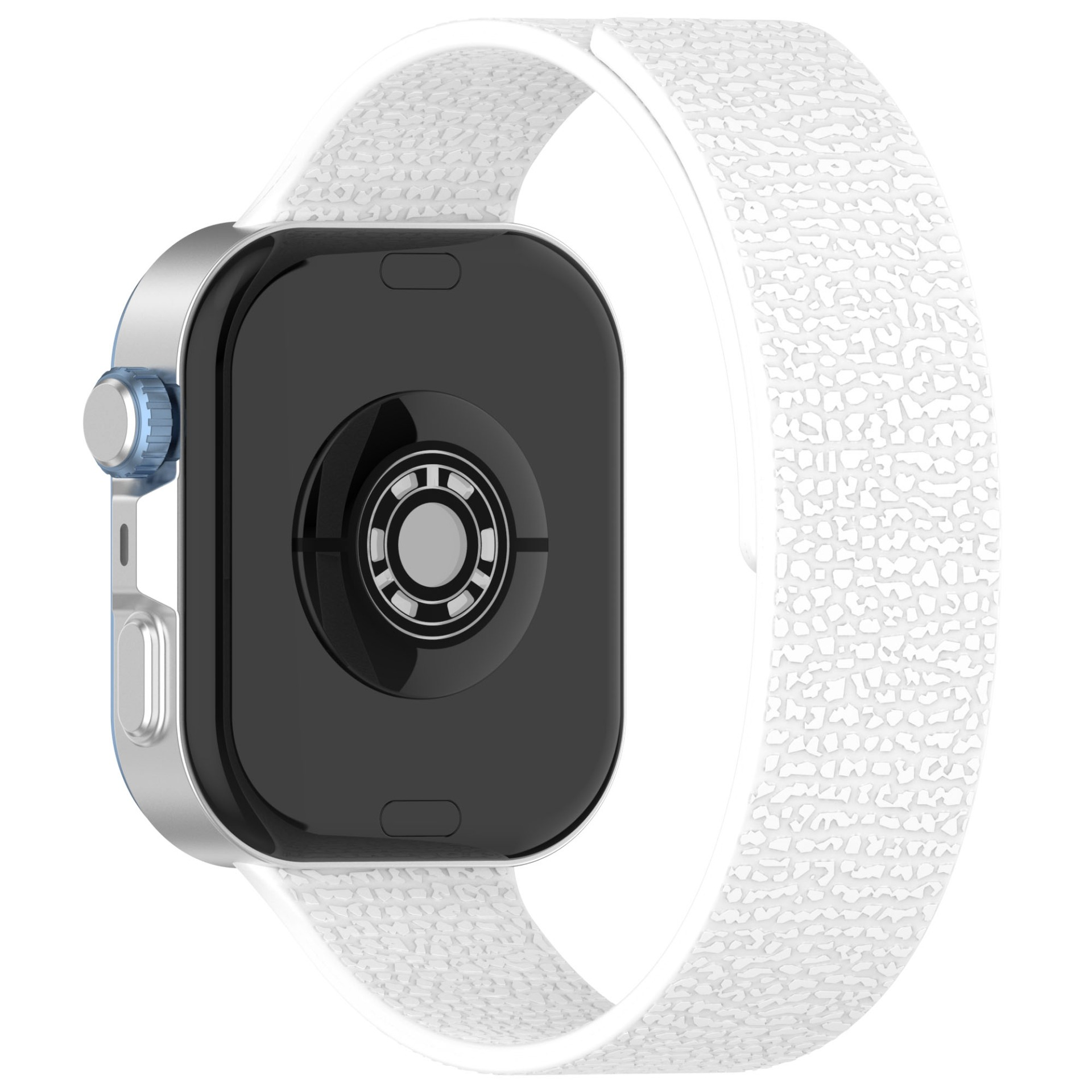 Silberne Smartwatch mit schwarzem Bildschirm und weißem gemusterten Armband. Die Seite hat ein blaues Zifferblatt.