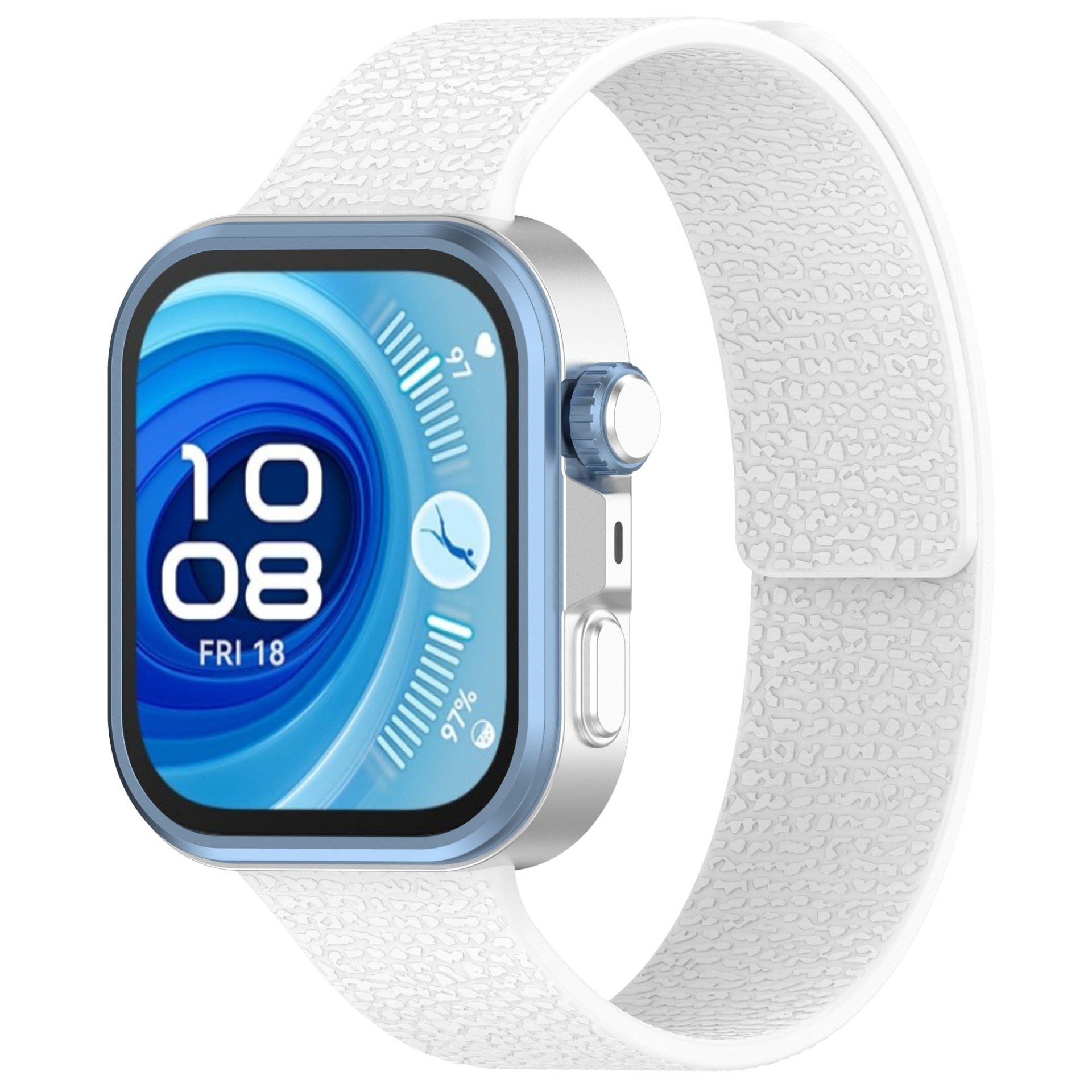 Eine weiße Smartwatch mit blauem Bildschirm, der Zeit und Datum anzeigt, mit weißem, strukturiertem Armband.