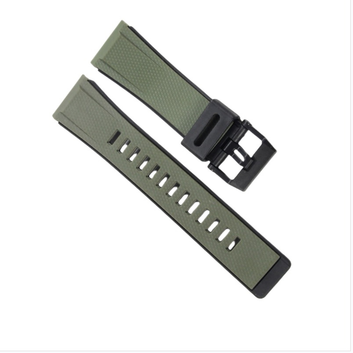 Zwei olivgrüne Uhrenarmbänder mit schwarzer Schnalle liegen auf weißem Untergrund. Ein Band hat Löcher, das andere eine Schnalle.