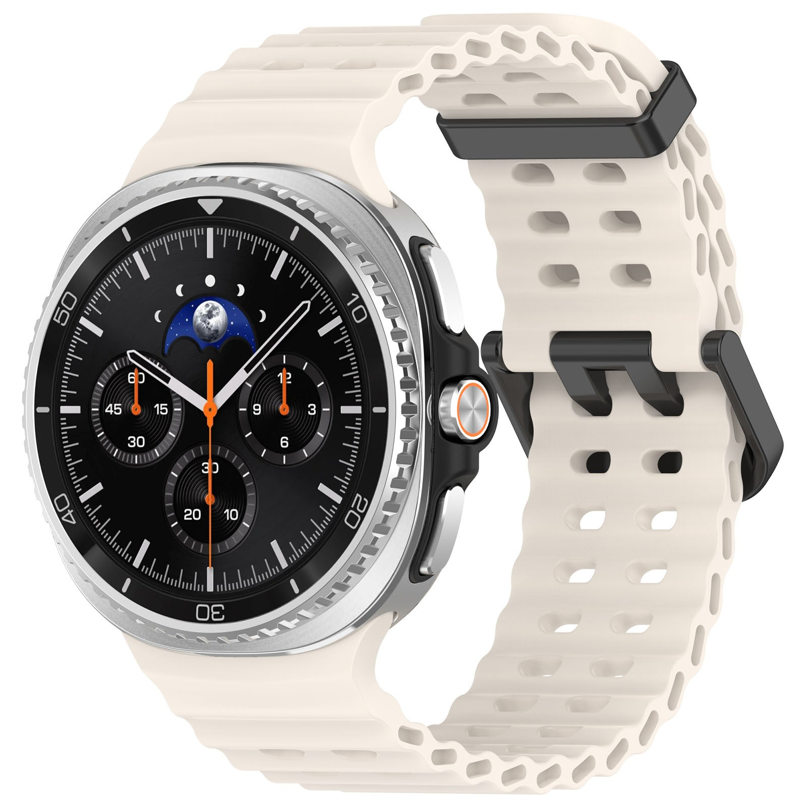 Uno smartwatch color crema con quadrante nero, lancette bianche e cinturino color crema. Il quadrante mostra la fase lunare.