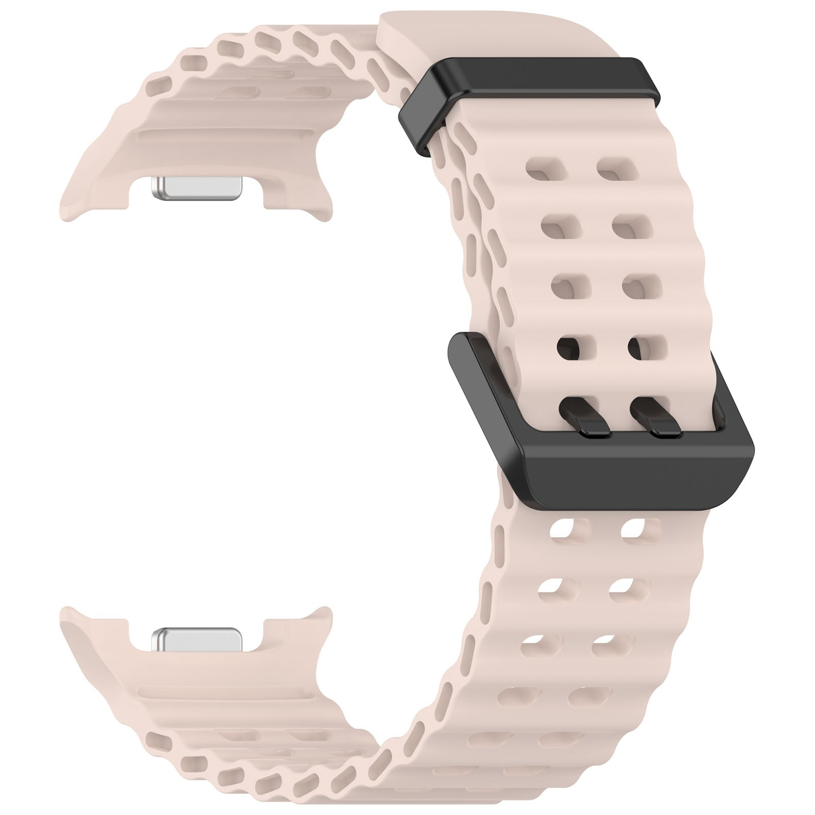 Un cinturino rosa chiaro con fibbia nera. Ha un design ondulato e perforazioni.