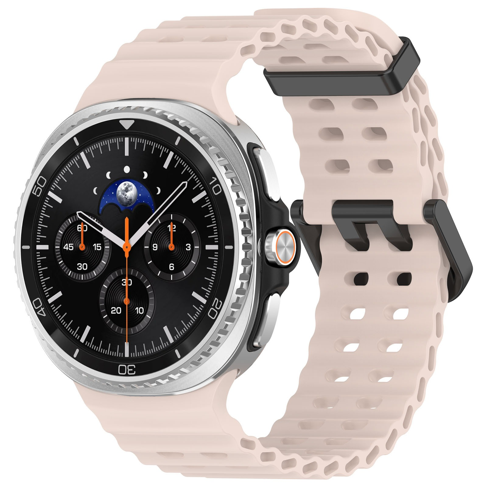Primo piano di uno smartwatch con quadrante nero e cinturino rosa chiaro. L'orologio mostra l'ora e ha una fase lunare.
