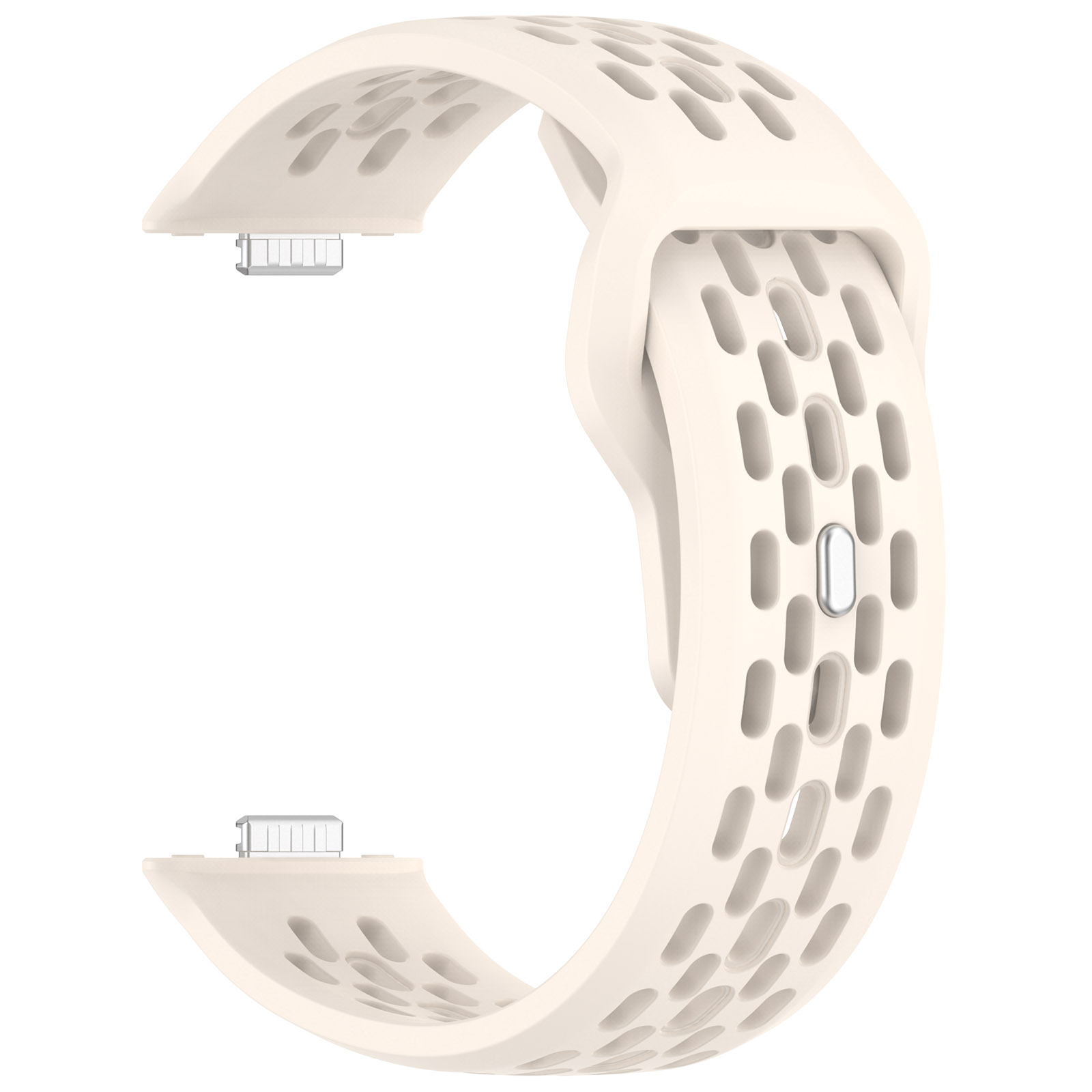 Un cinturino beige con fori perforati. Ha due connettori argentati. Lo sfondo è bianco.