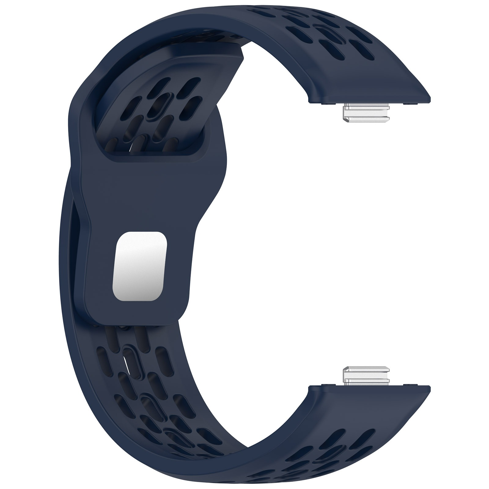 Un cinturino blu scuro con sezioni perforate. Il cinturino è curvo e ha una chiusura in metallo su ogni estremità. Sfondo bianco.