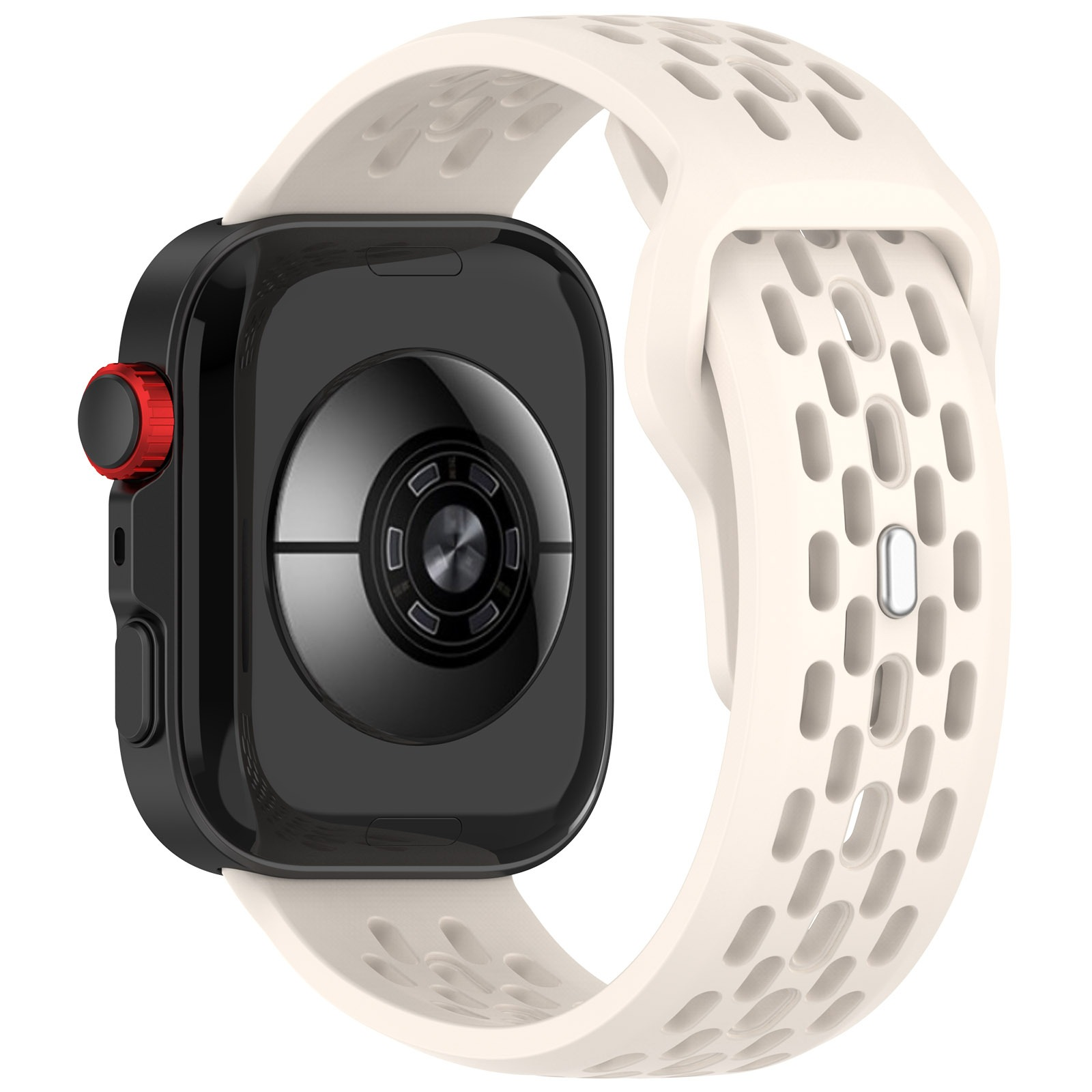 Uno smartwatch nero con cinturino traforato color crema. L'orologio ha un pulsante rosso e uno schermo nero riflettente.