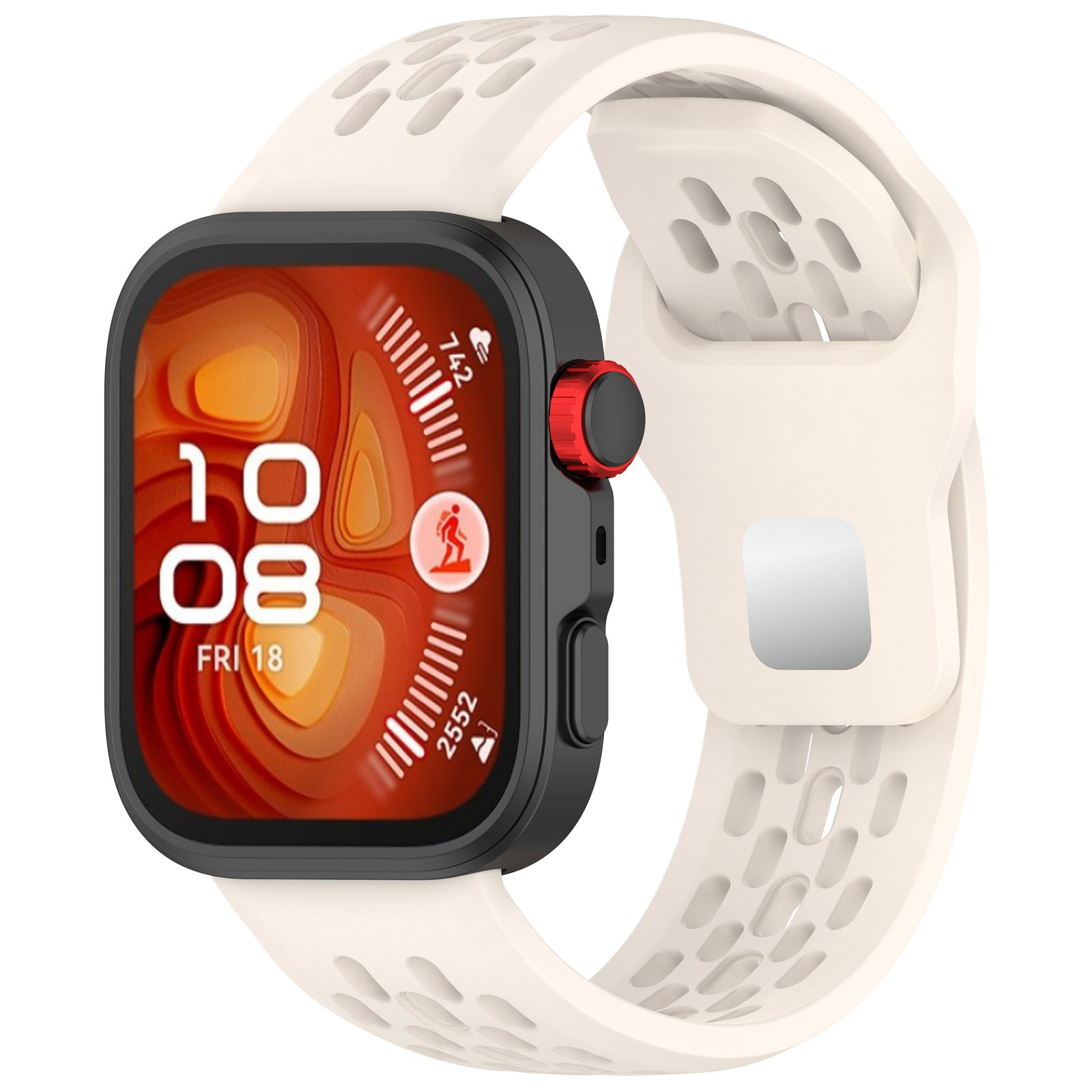 Smartwatch con display arancione che mostra ora e statistiche attività. Cinturino beige con cassa nera e pulsante rosso.