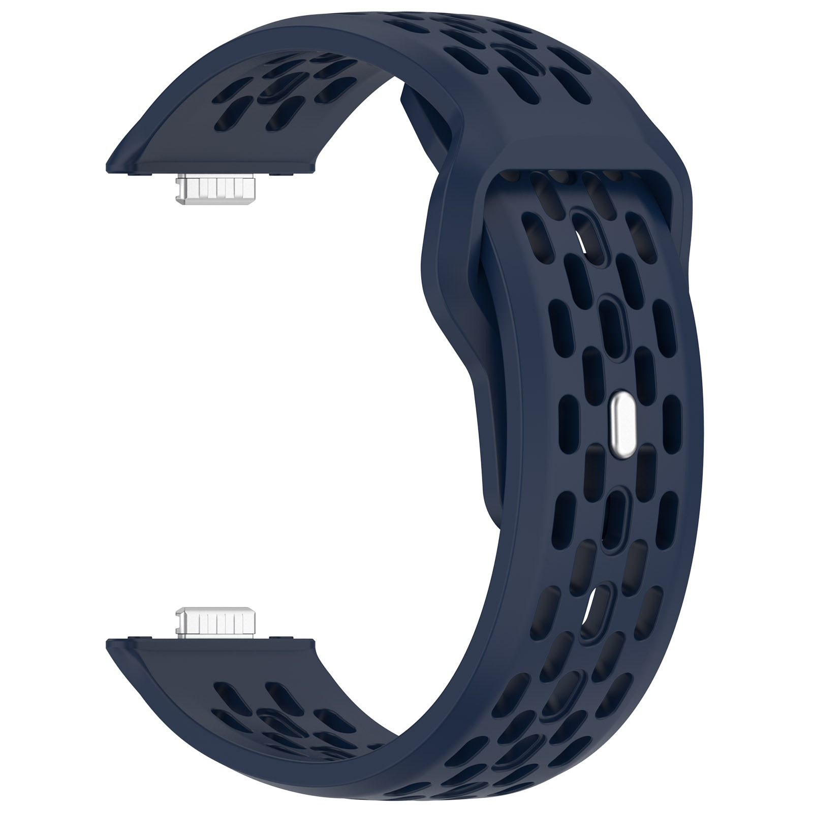 Cinturino blu scuro con design perforato e connettori argentati su sfondo bianco.