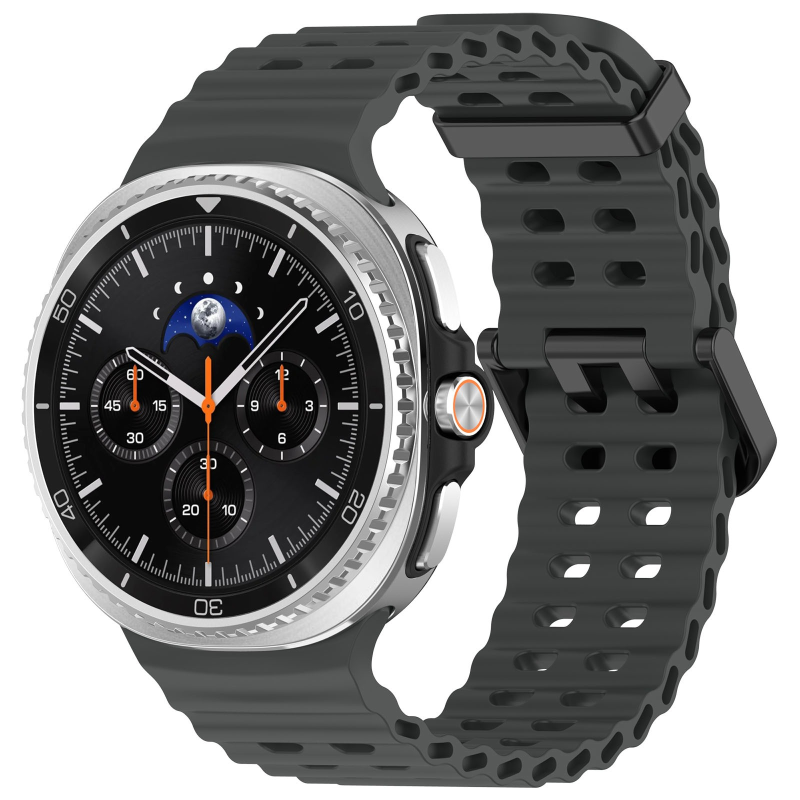 Eine schwarze Smartwatch mit grauem Armband. Das Zifferblatt zeigt Zeit- und Mondphasendetails. Das Armband hat ein strukturiertes Design.