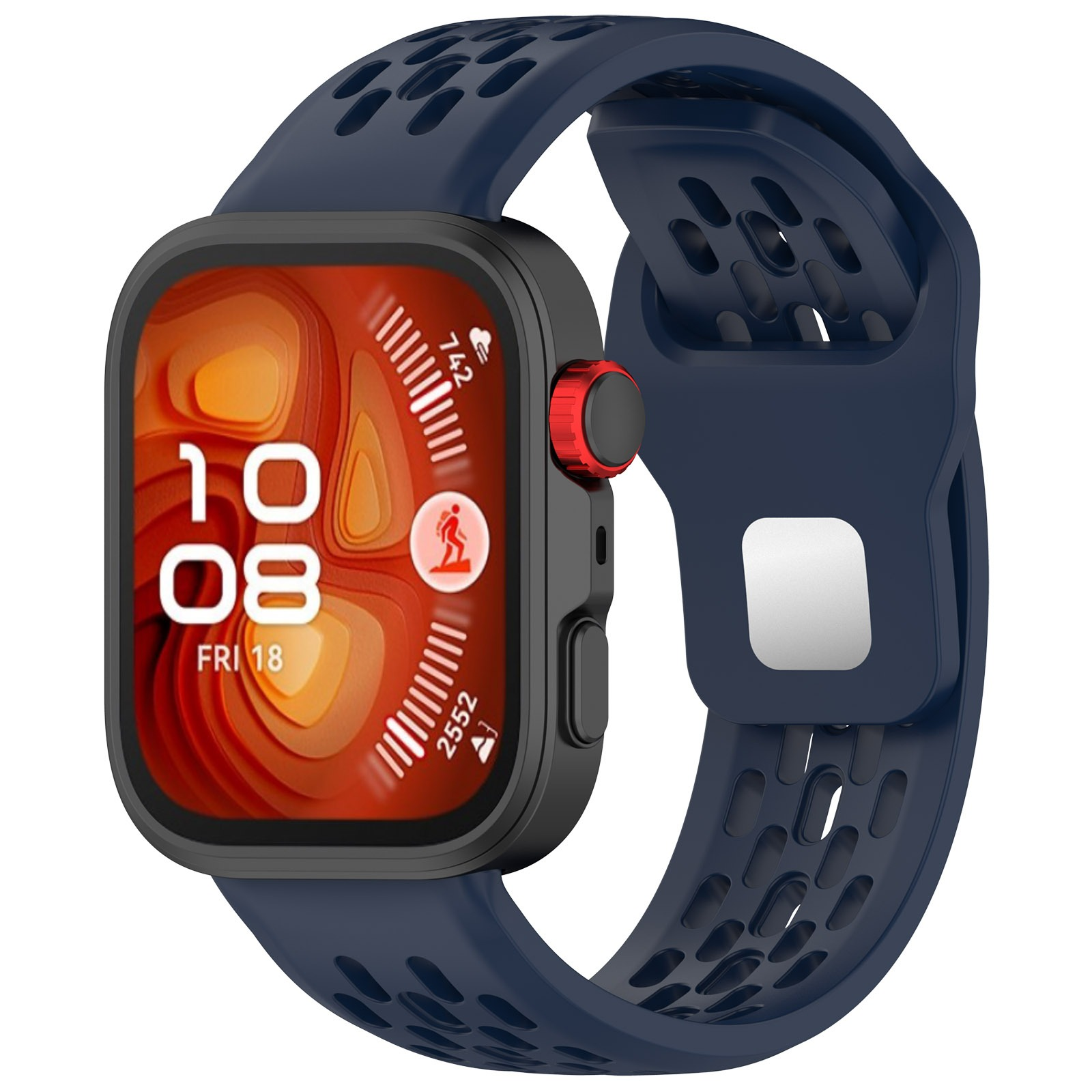 Uno smartwatch con cinturino blu navy. Il quadrante mostra l'ora e i parametri fitness. Un pulsante rosso è sul lato.