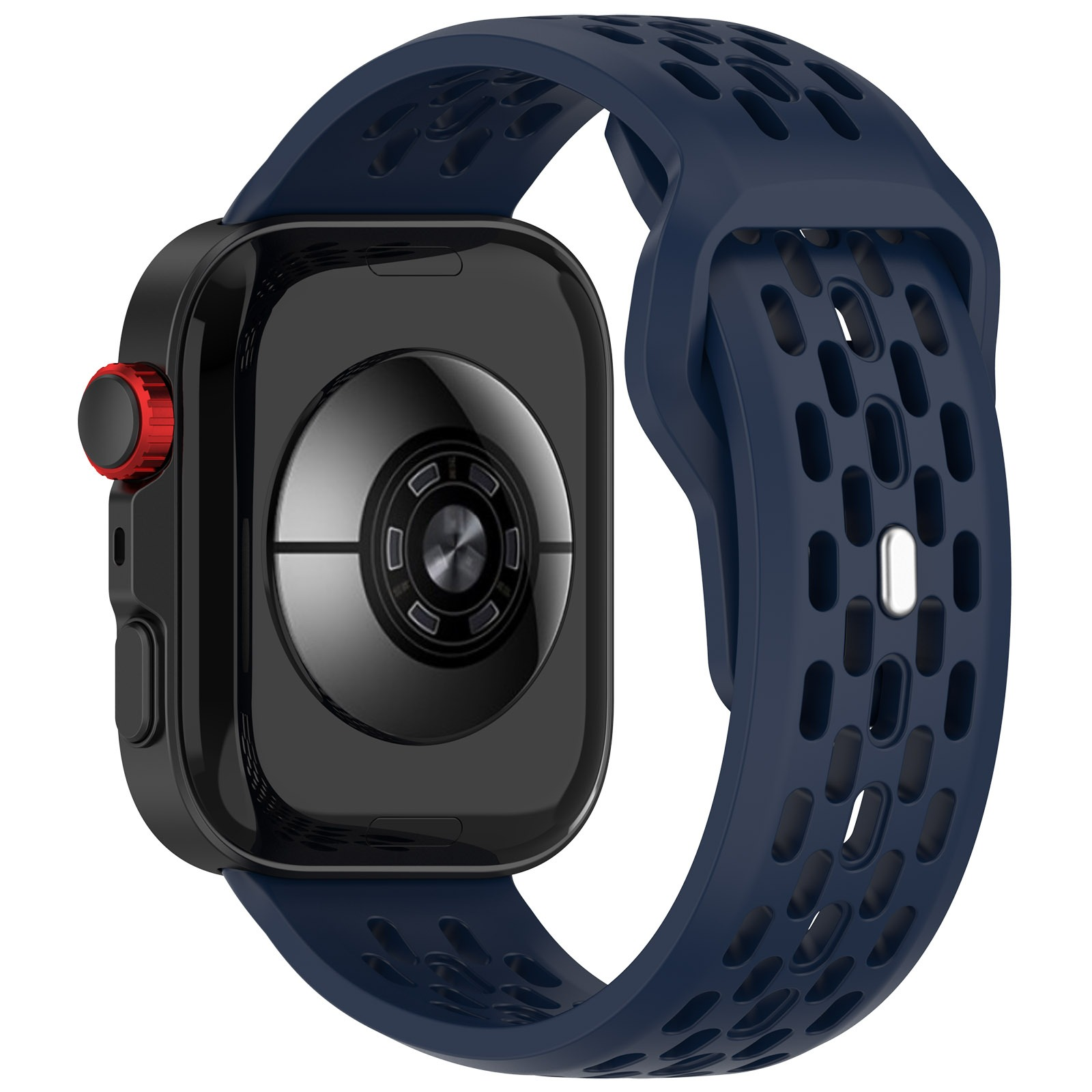 Apple Watch nera con cinturino blu navy. L'orologio ha una manopola rossa. Il cinturino è perforato.