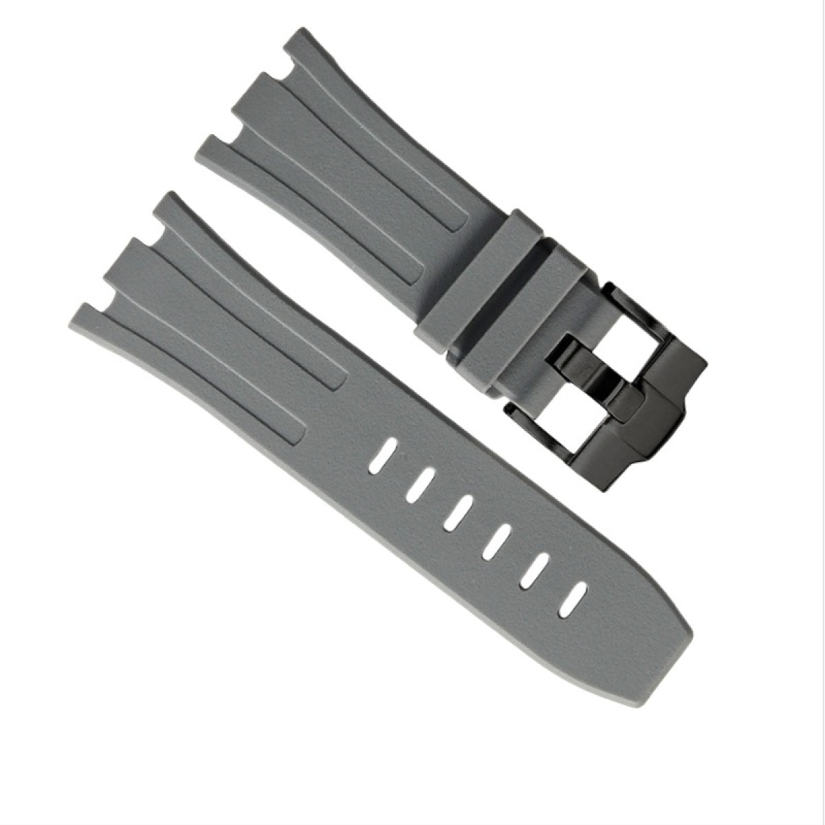 Graues Uhrenarmband mit schwarzer Schnalle. Das Armband hat Löcher und ein geriffeltes Design. Isoliert auf weißem Hintergrund.