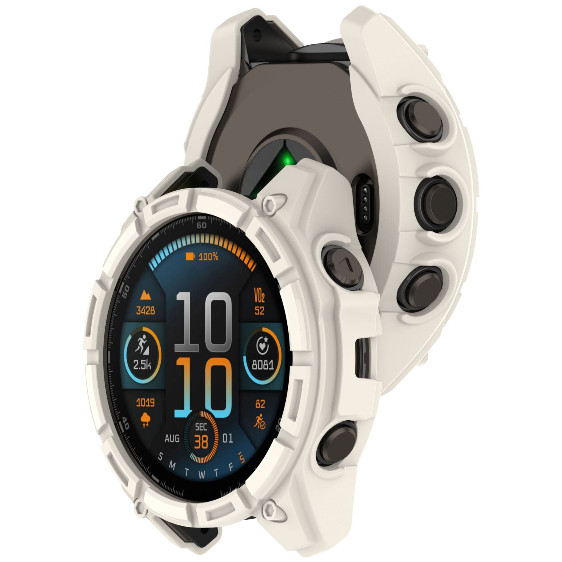 Eine weiße Smartwatch mit digitaler Anzeige, die Gesundheitsmetriken und Uhrzeit anzeigt. Die Uhr ist teilweise geöffnet.