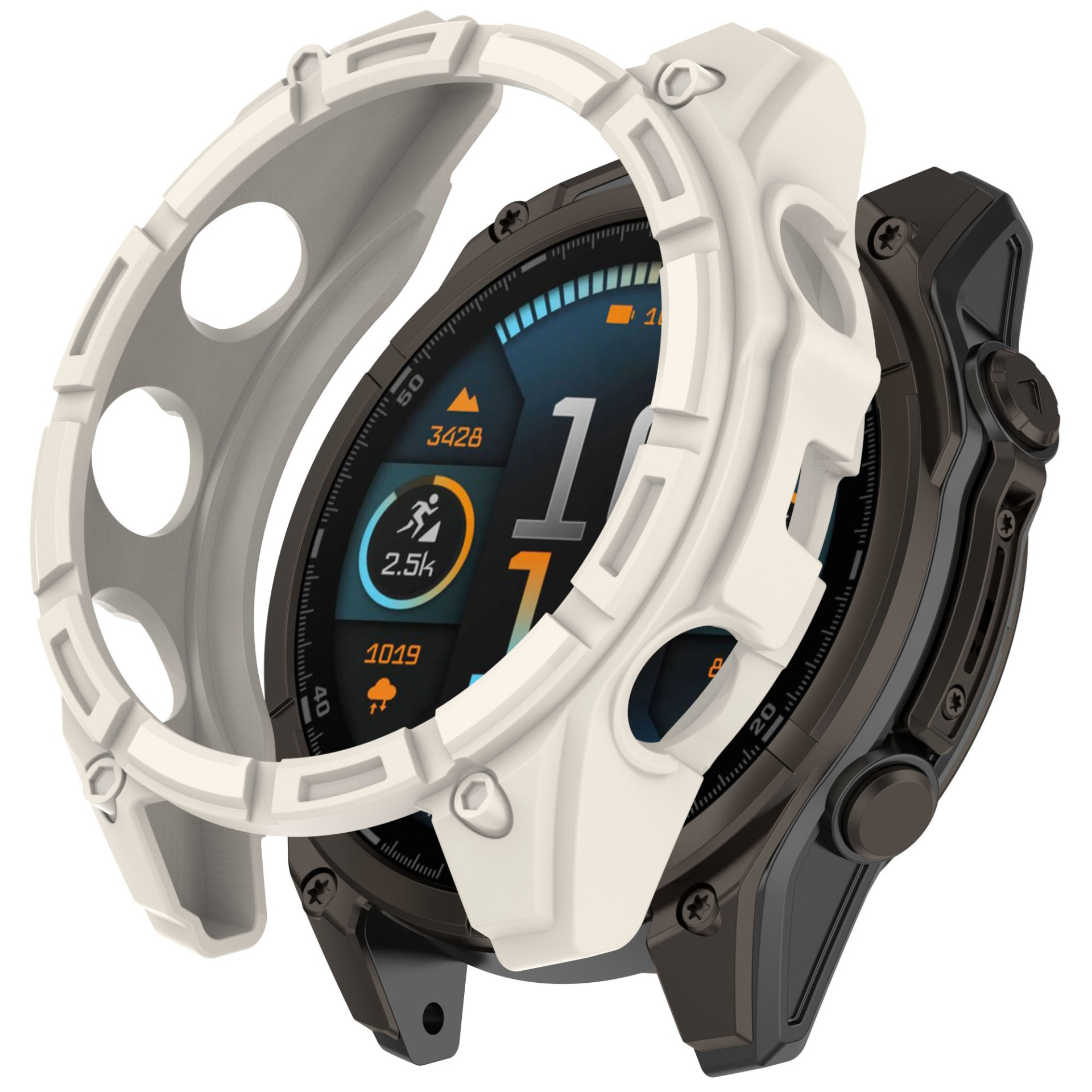 Eine Smartwatch mit weißem Schutzgehäuse. Das Display zeigt Aktivitätsdaten. Die Uhr ist schwarz und grau.