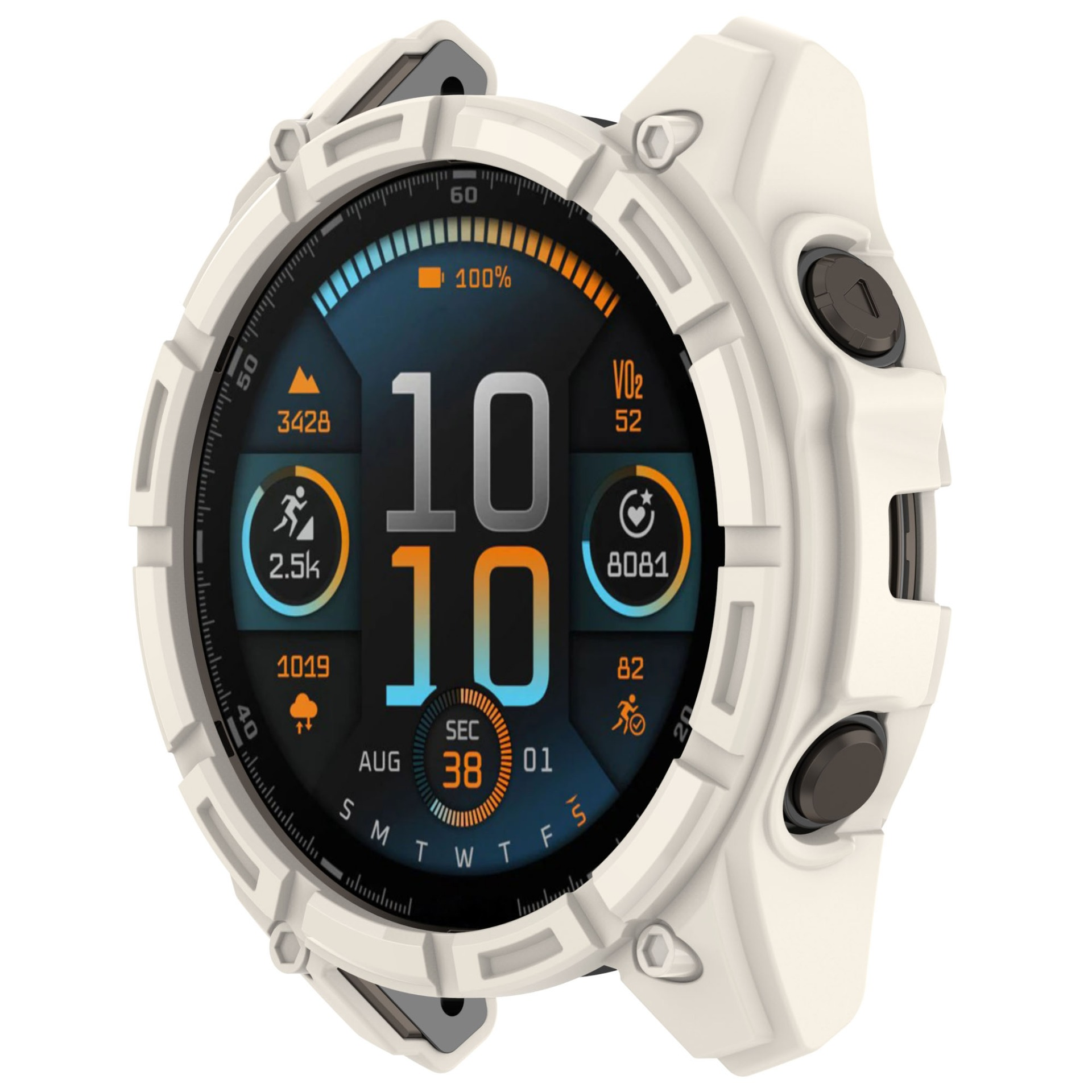 Weisse Smartwatch mit Digitalanzeige, die Statistiken, Zahlen und Indikatoren anzeigt. Hat zwei Knöpfe an der Seite. Die Uhrzeit ist 10:10.