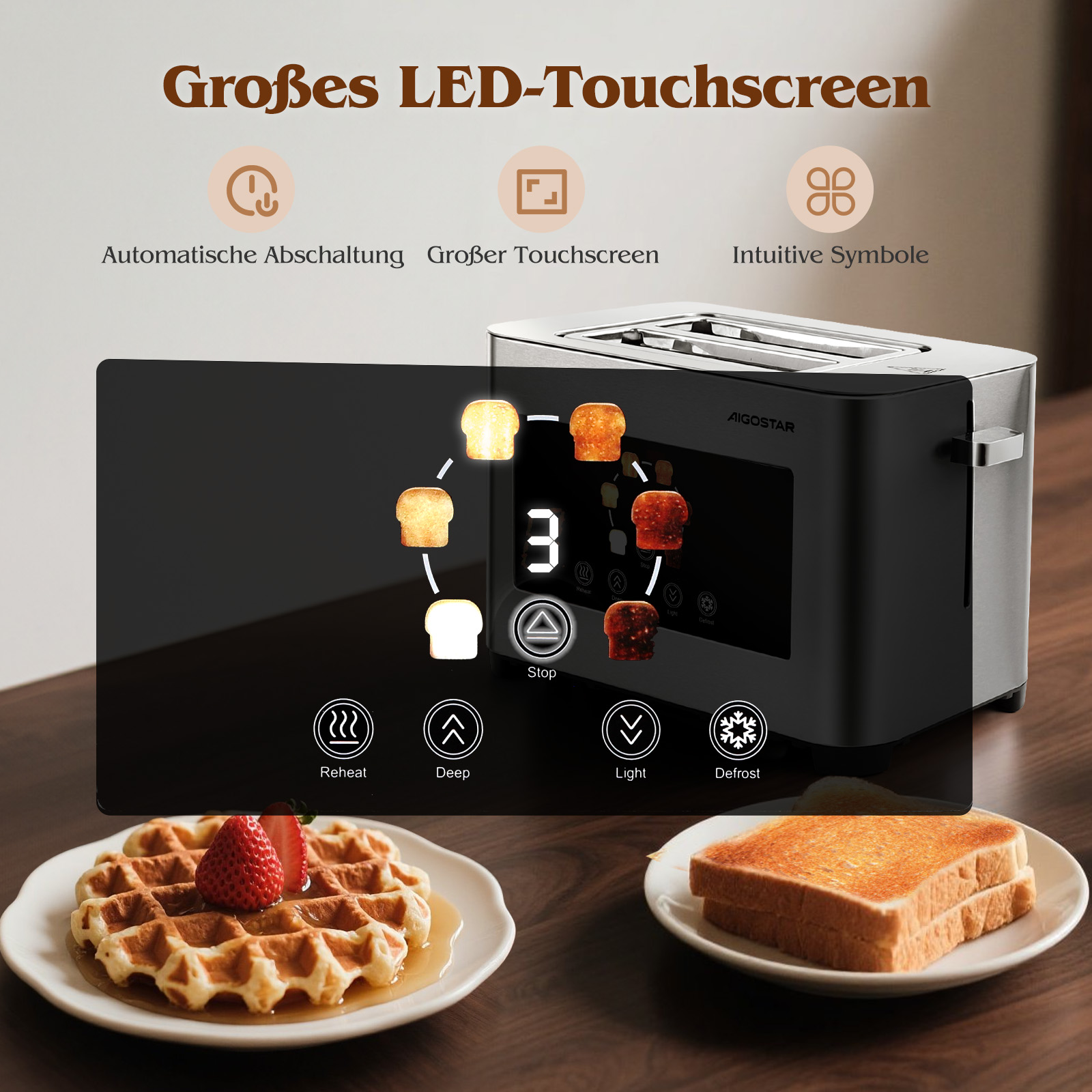 Ein Toaster mit digitaler Anzeige für Toaststufen. Eine Waffel mit Erdbeere und Toast auf Tellern werden ebenfalls gezeigt.