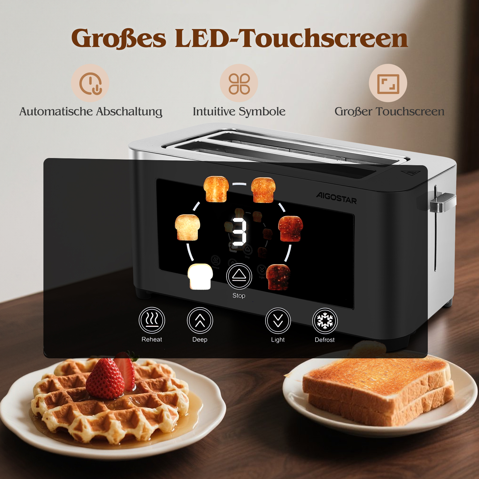 Toaster mit LED-Touchscreen. Waffel mit Erdbeere und Toast auf Tellern davor. Knöpfe für Aufwärmen, tief, hell und Auftauen.