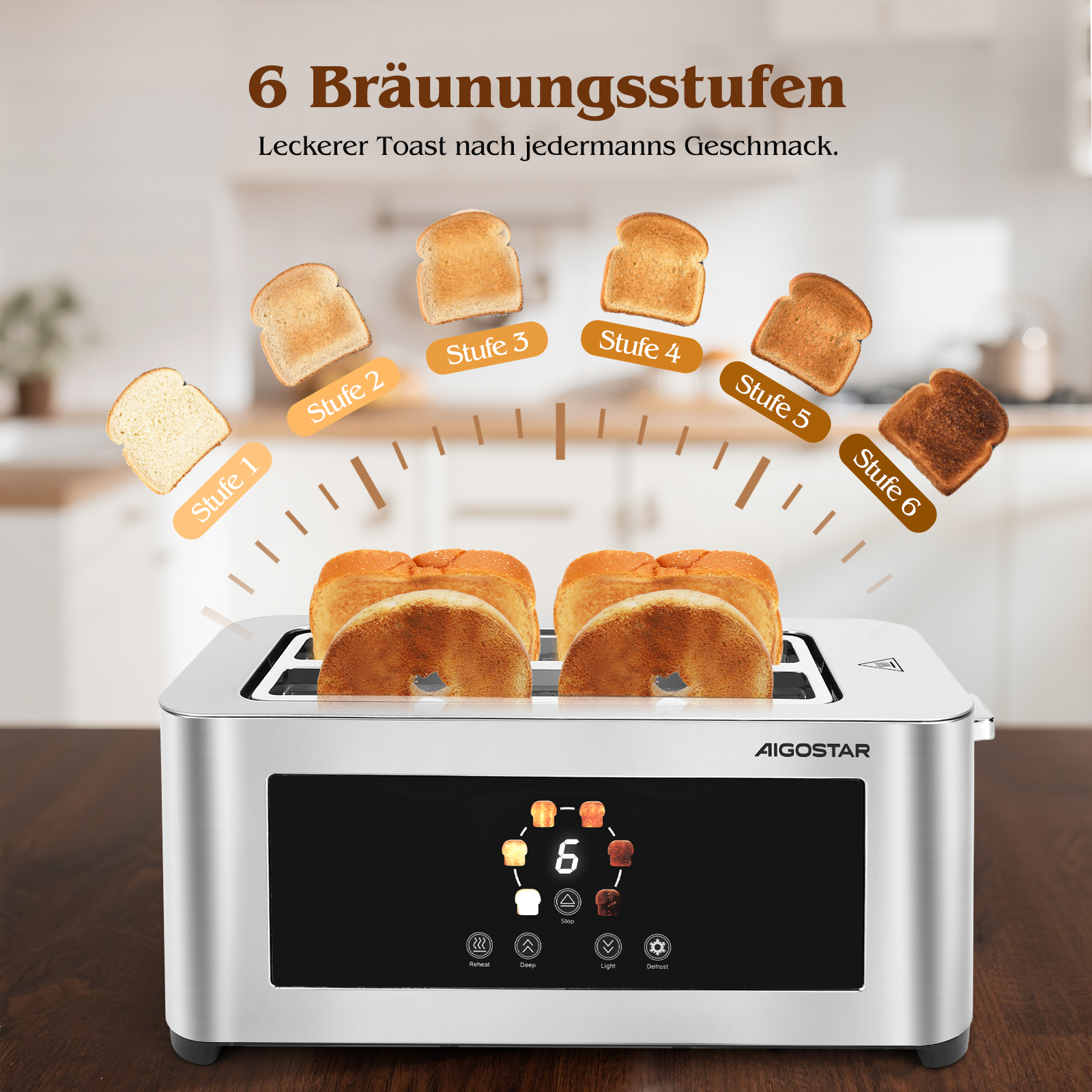 Ein Toaster mit Brotscheiben, die verschiedene Bräunungsgrade zeigen. Der Toaster hat ein digitales Display. Toast ist in den Schlitzen.