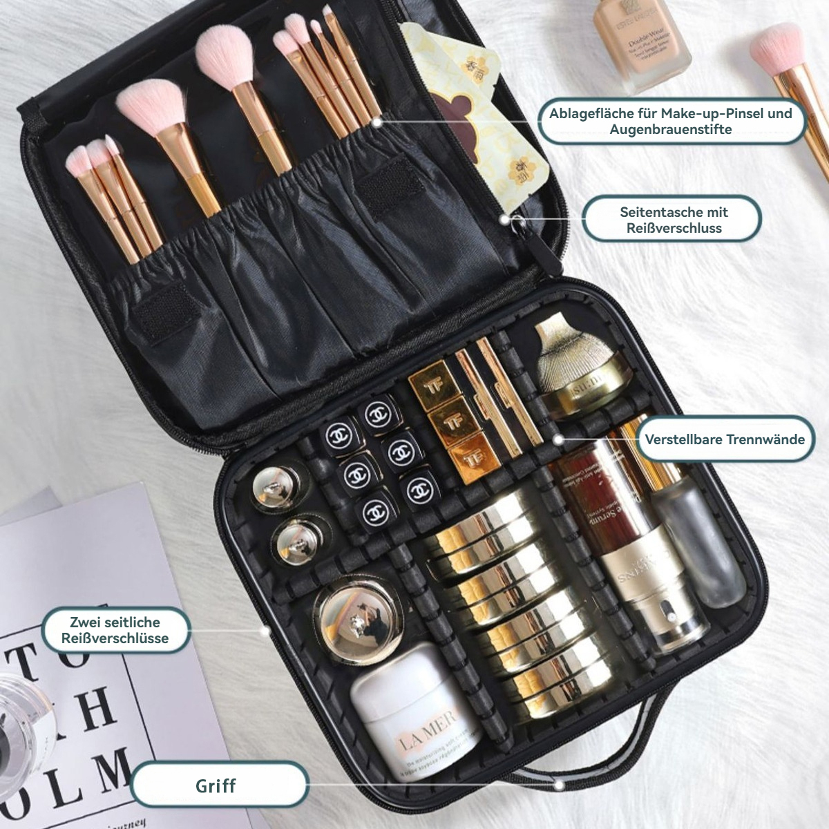 Ein schwarzer Make-up-Koffer ist geöffnet und zeigt Pinsel, Kosmetika und Accessoires. Etiketten weisen auf Reißverschlüsse und Fächer hin.