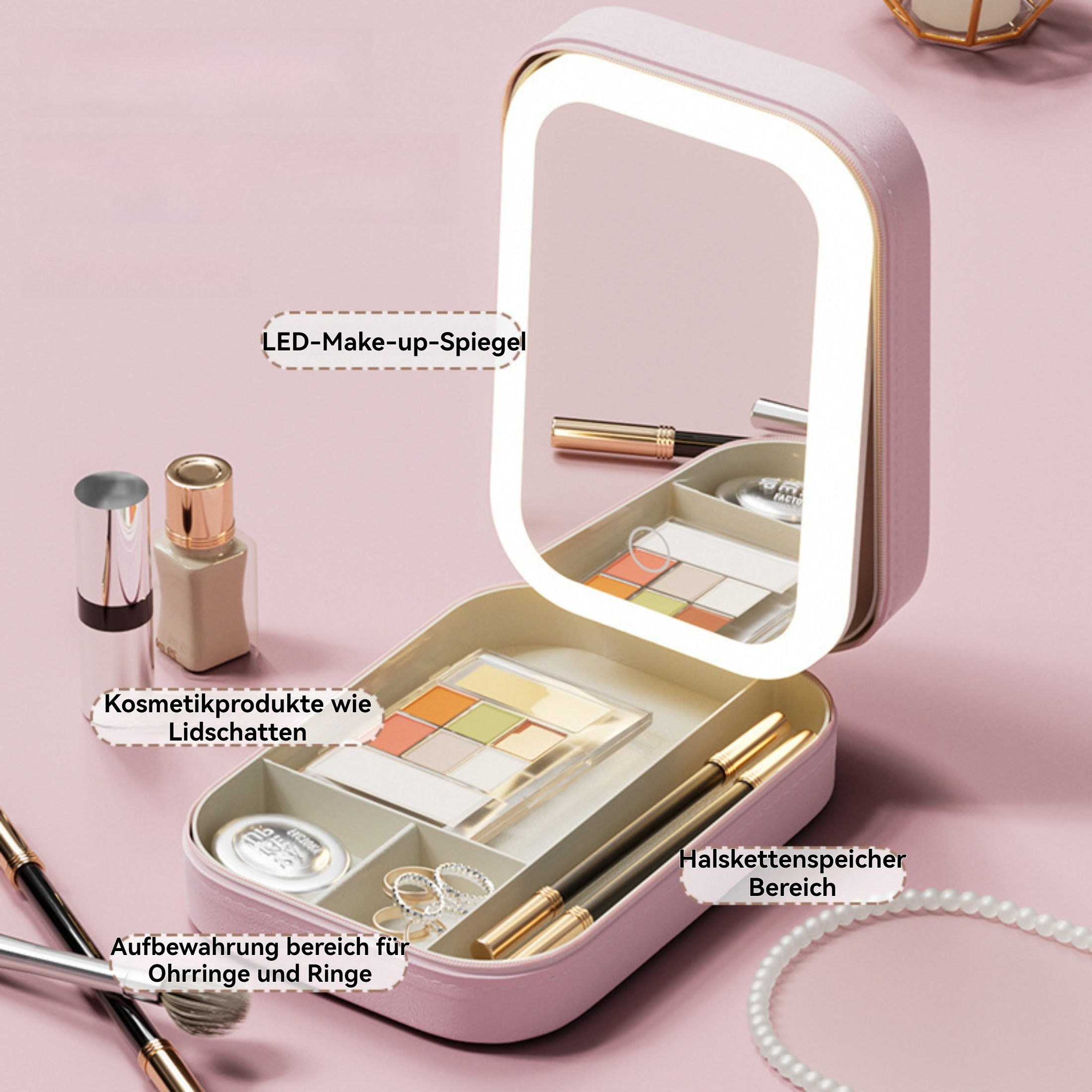 Ein rosa Make-up-Organizer mit Spiegel, Kosmetika, Pinseln und Schmuck. Der Spiegel hat ein eingebautes Licht.