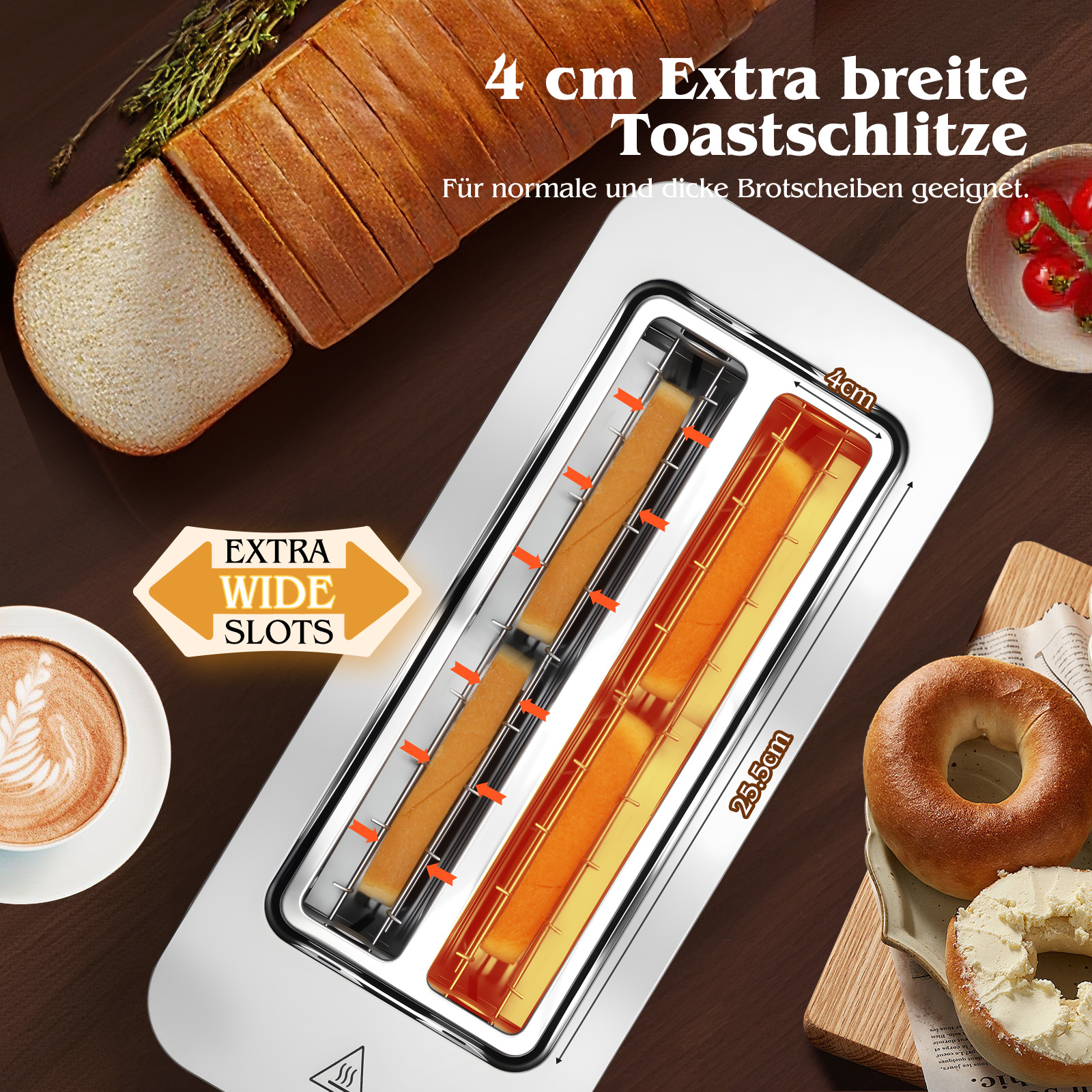 Ein weißer Toaster mit extra breiten Schlitzen, Brot, Bagels und Kaffee auf Holz. Text: 4 cm Extra breite Toastschlitze.