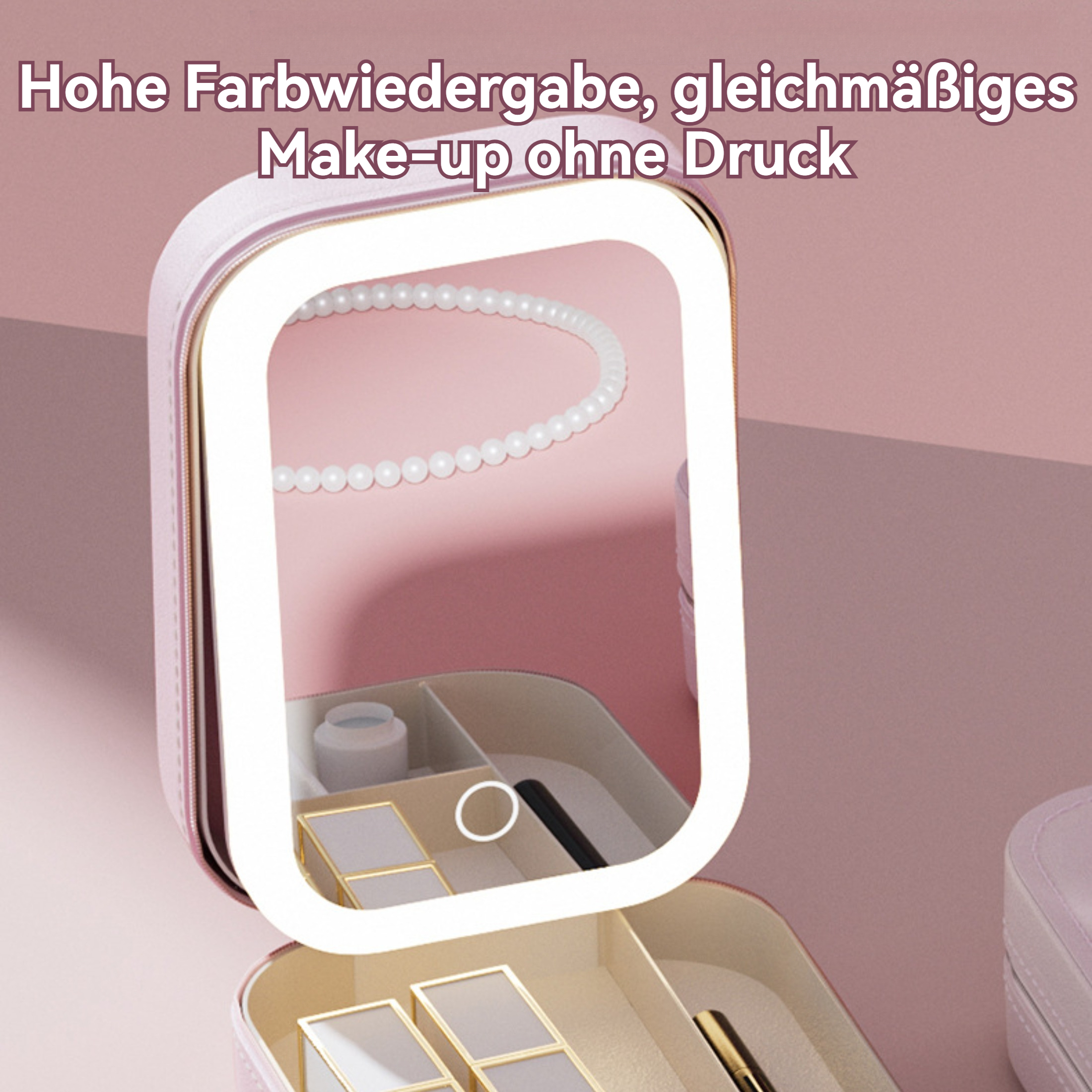 Ein rosa Make-up-Etui mit beleuchtetem Spiegel, einer Perlenkette und Fächern für Make-up-Artikel.