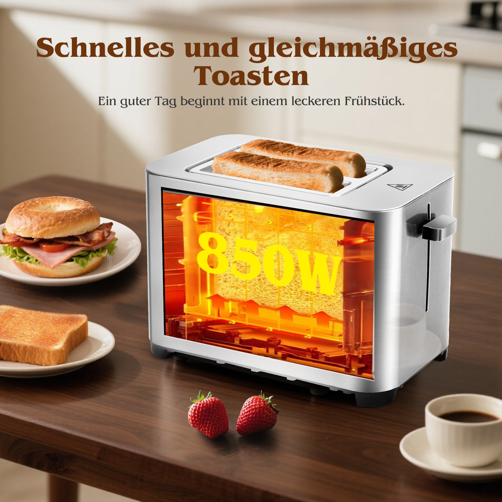 Ein Toaster mit Toastbrot, einem Sandwich, Erdbeeren und Kaffee auf einem Holztisch. Der Text oben lautet 'Schnelles und gleichmäßiges Toasten'.